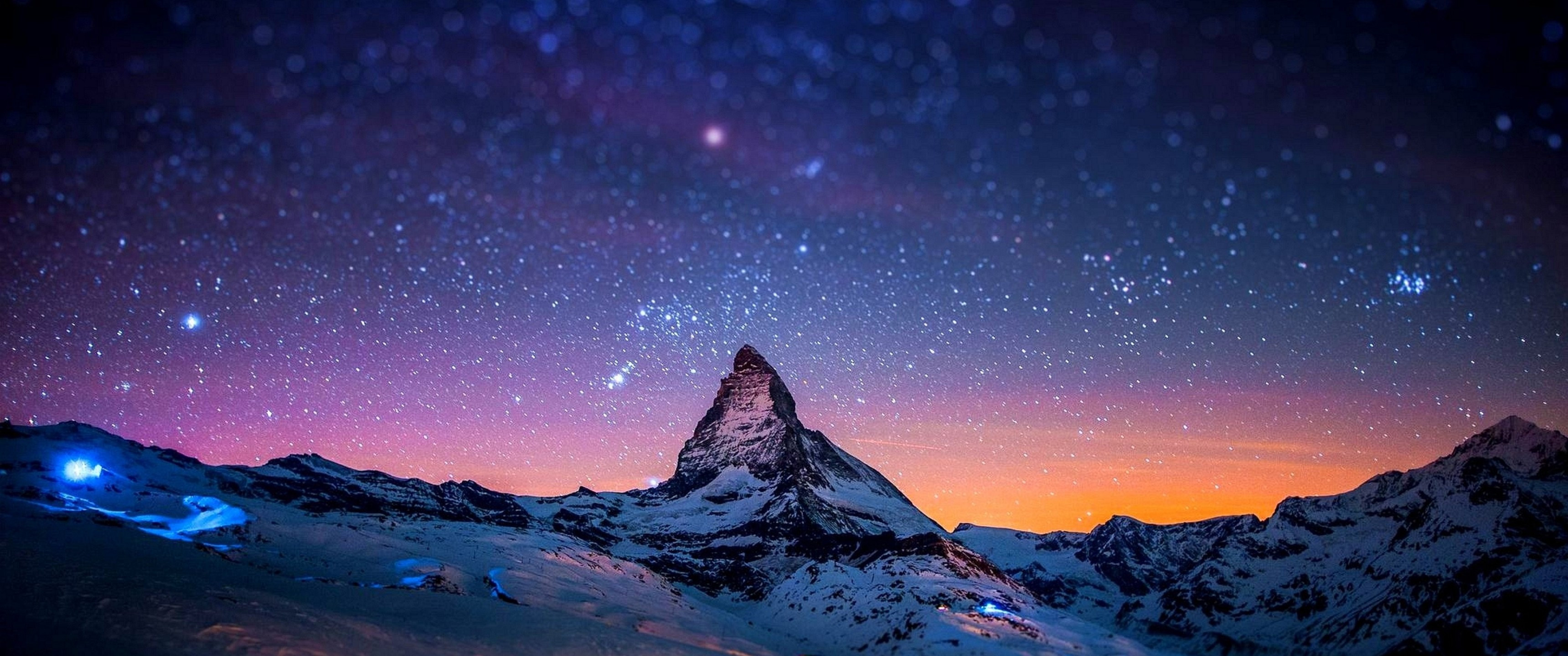 Download 3440x1440 Mountain, Night, Stars, Winter, Lights, Bokeh Wallpaper