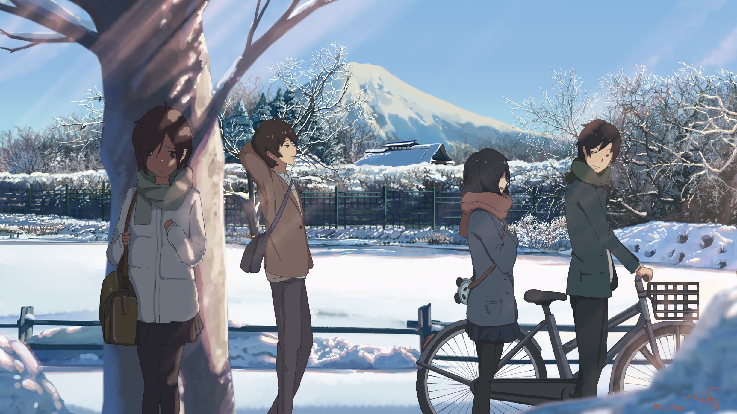 Wallpaper Winter, Anime Boys, Anime Girls, Bicycle, Love Square, Scarf:2461x1385
