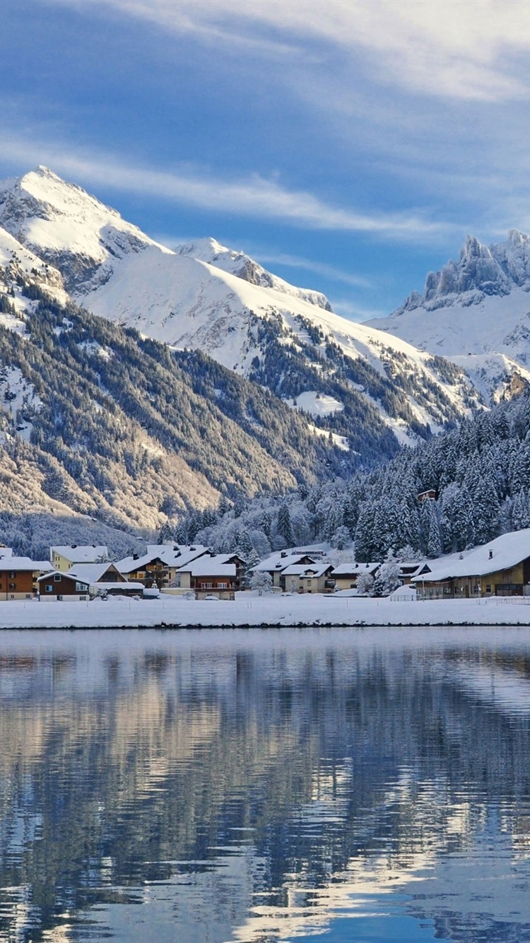 Wallpaper Engelberg, Switzerland, mountains, snow, winter, lake, houses 2560x1600 HD Picture, Image