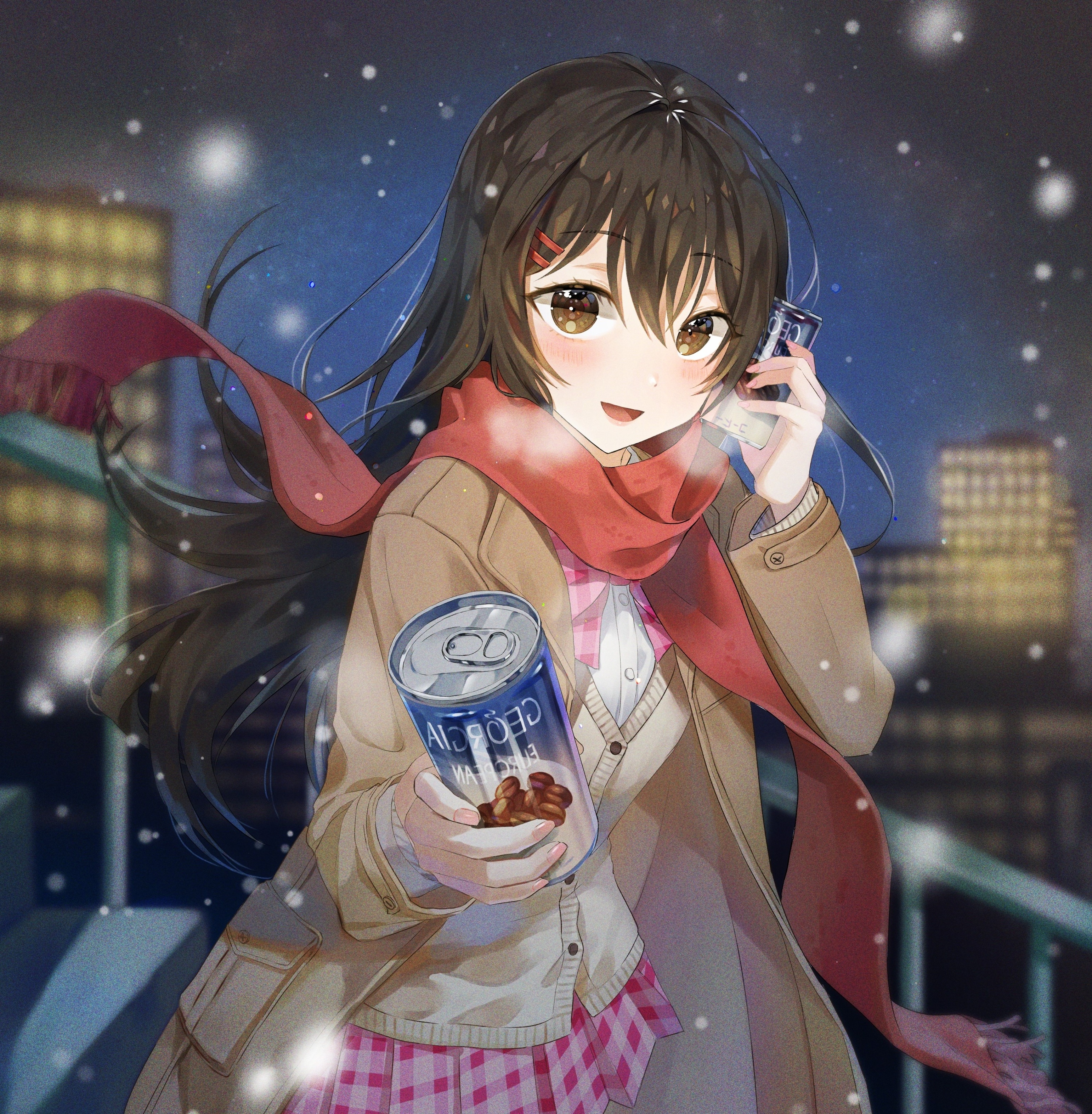 Wallpaper Winter, Red Scarf, Anime School Girl, Black Hair, Cold, Coffee:3083x3144