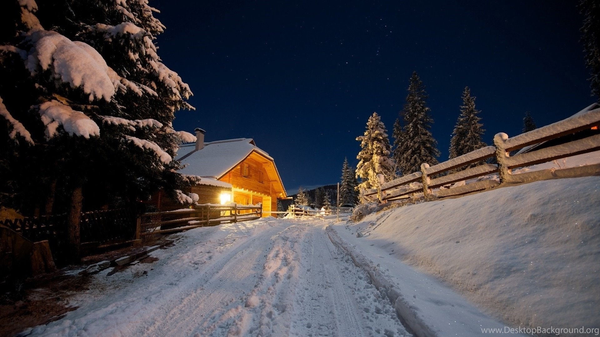 Beautiful Winter, Cabin, Forest, Mountain, Star, Sky, Tree, Fence. Desktop Background