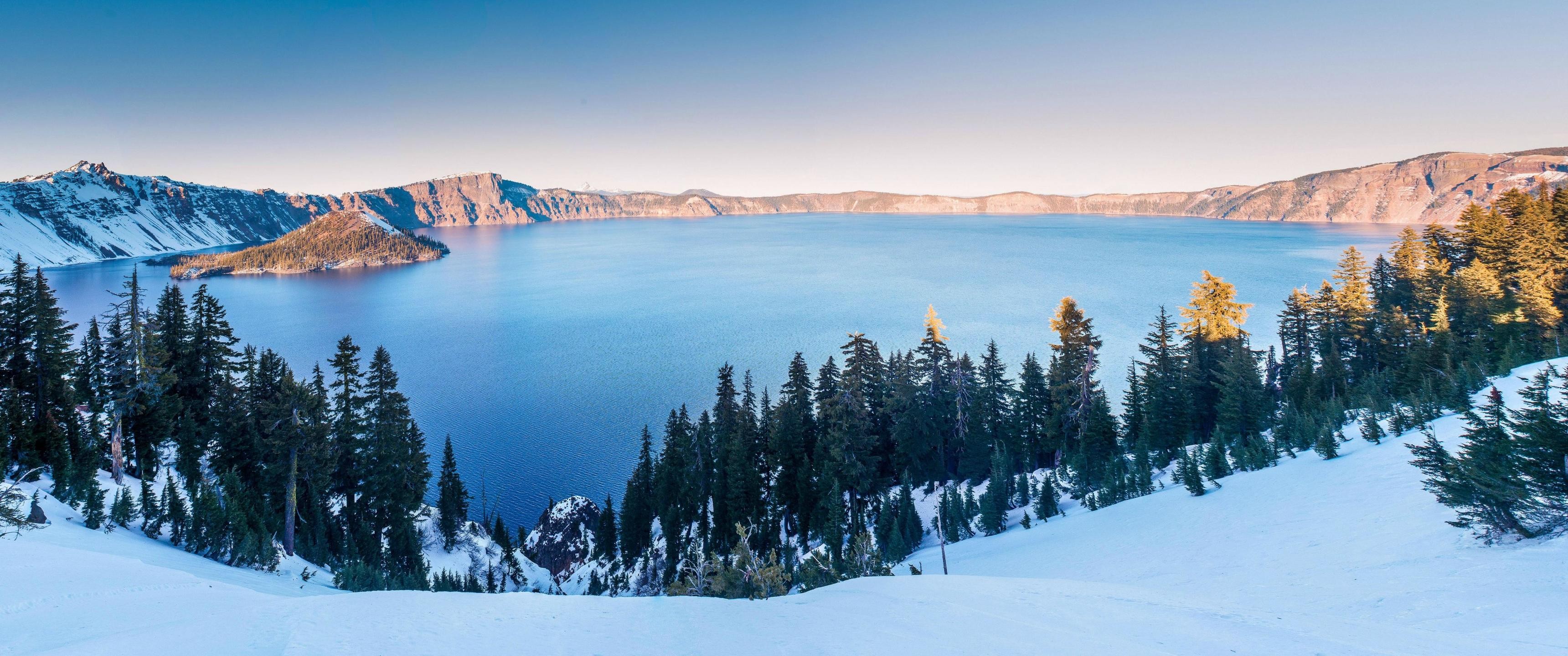 Wide Angle Lake Crater Lake Oregon Island Winter Wallpaper: 3440x1440
