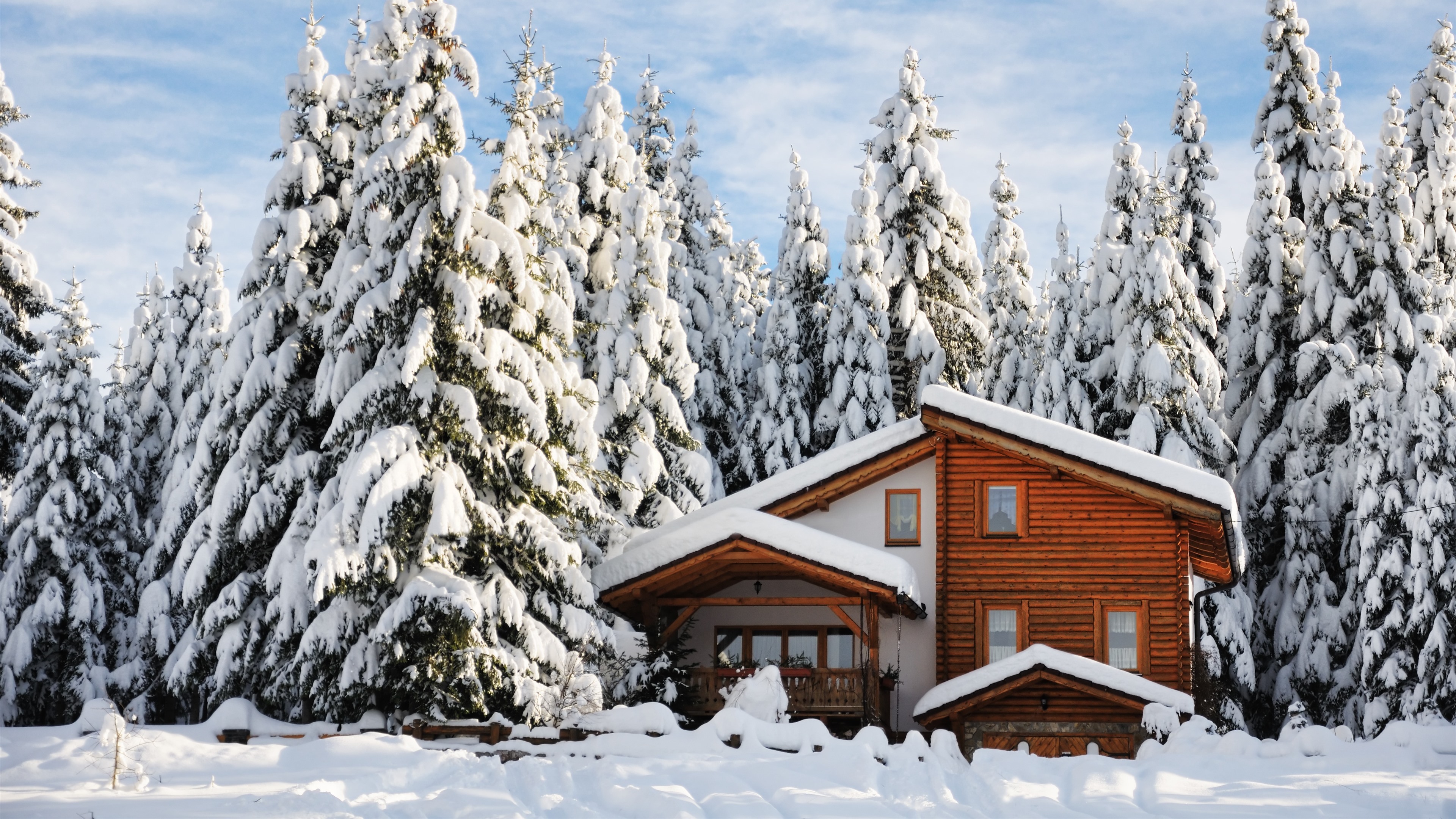 Wallpaper Winter, wood house, thick snow, trees 3840x2160 UHD 4K Picture, Image