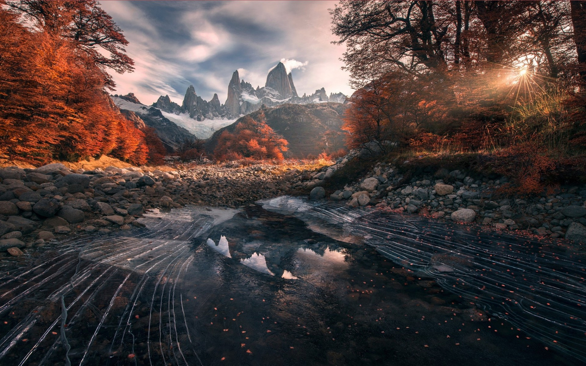 Download 1920x1200 Chile Patagonia, Autumn, Sun Rays, Trees, Stream Wallpaper for MacBook Pro 17 inch