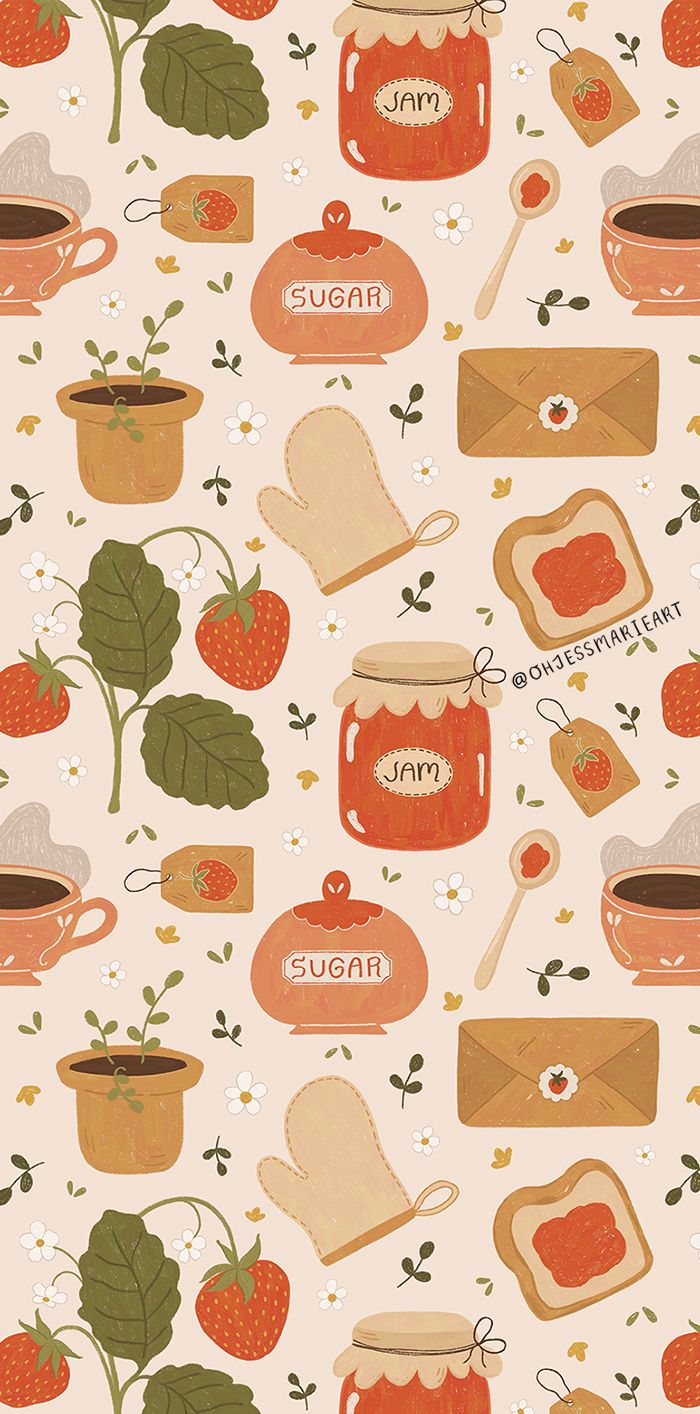 Strawberry Jam Pattern Fabric. Cottagecore art, Art wallpaper, Spring wallpaper