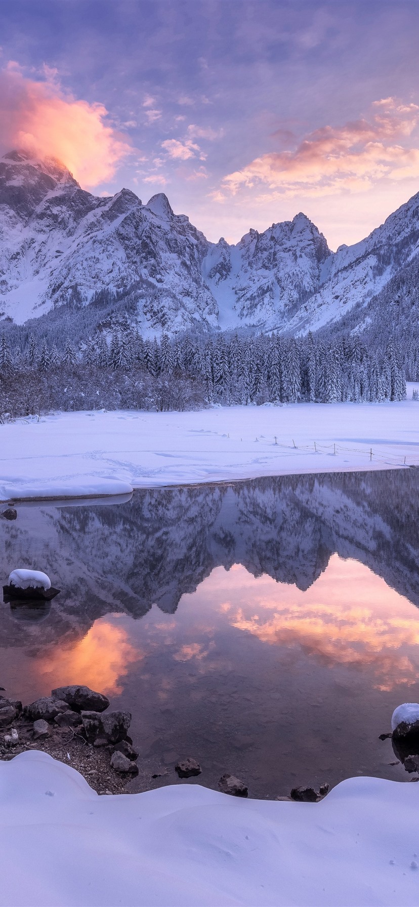 Beautiful Winter Nature Landscape, Snow, Lake, Mountains, Dusk 1242x2688 IPhone 11 Pro XS Max Wallpaper, Background, Picture, Image