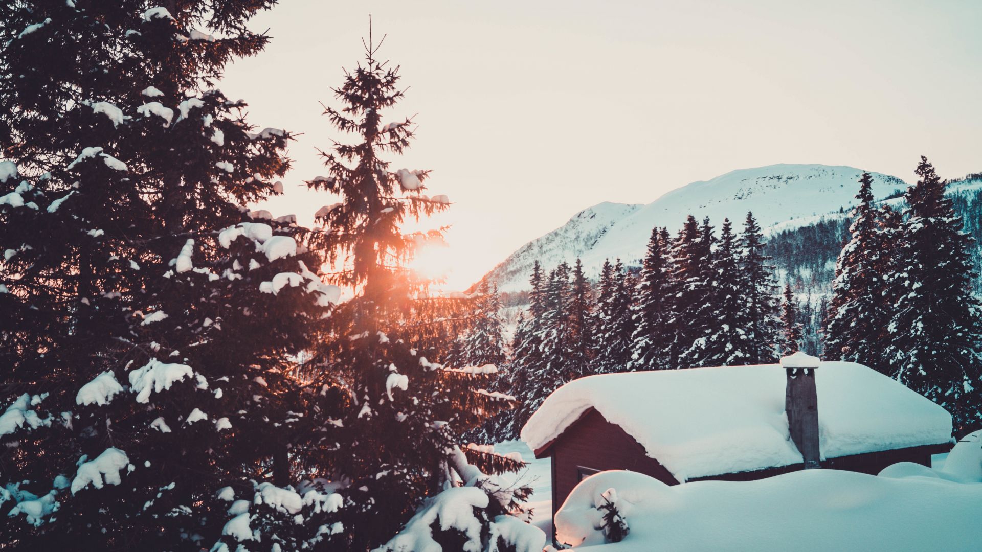 Desktop wallpaper cabin, winter, snowfall, tree and mountains, sunrise, HD image, picture, background, b88d83