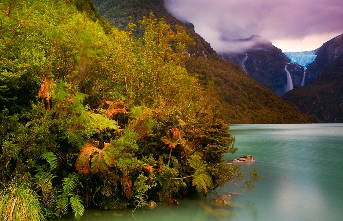 Wallpaper, sunlight, landscape, forest, mountains, waterfall, lake, water, nature, reflection, clouds, glaciers, morning, river, shrubs, valley, ferns, wilderness, Chile, Patagonia, tree, autumn, leaf, mountain, flower, season 1200x775