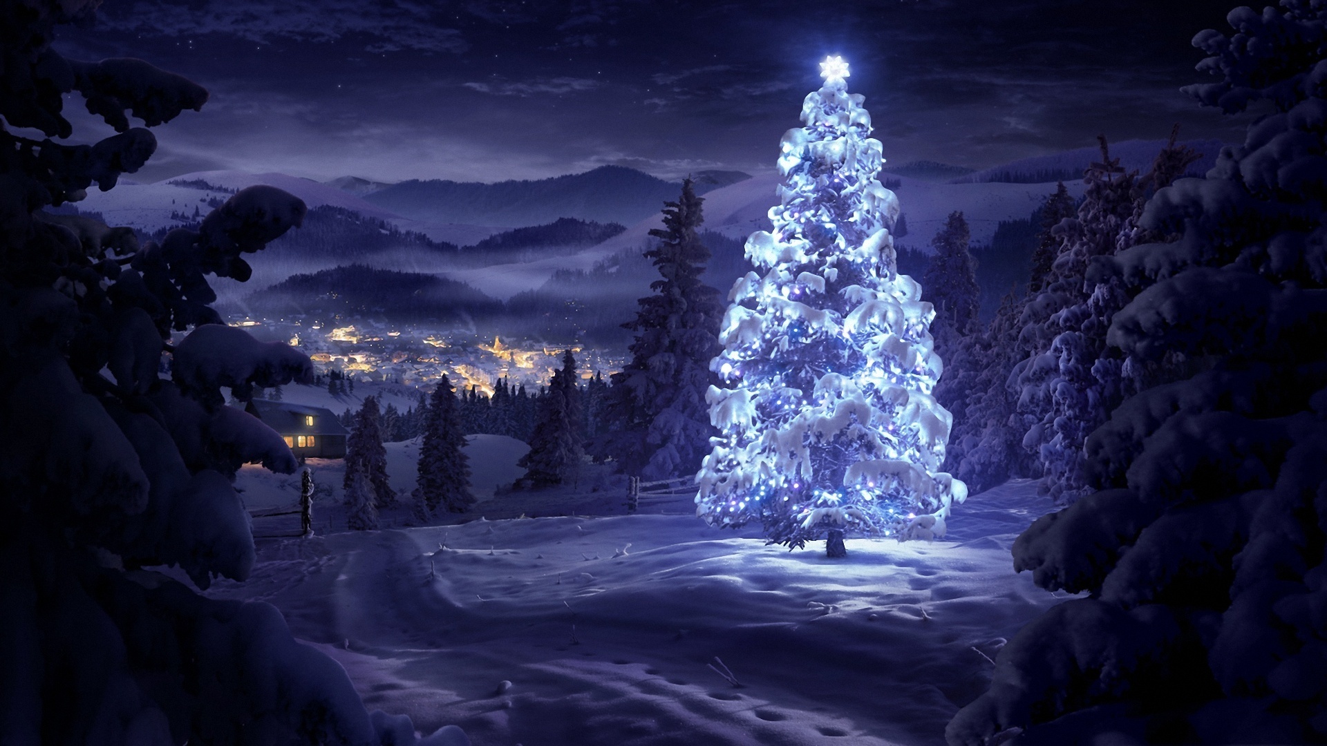 Winter Landscape Village Snow and Christmas Tree HD Wallpapers