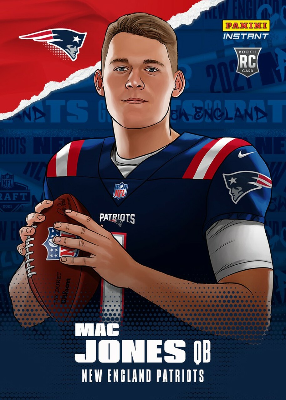 NFL New England Patriots 2021 Instant Draft Night Illustrations Football Mac Jones Trading Card Panini