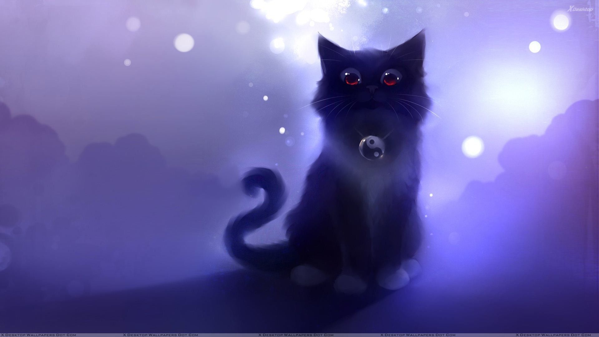 Cute anime girl and flying cat behind blury moon HD wallpaper download