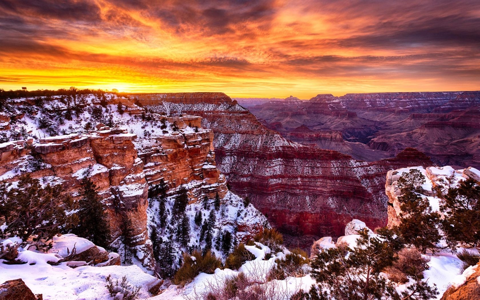 Grand Canyon National Park Arizona United States Winter Snow Red Sky Sunset, Wallpaper13.com
