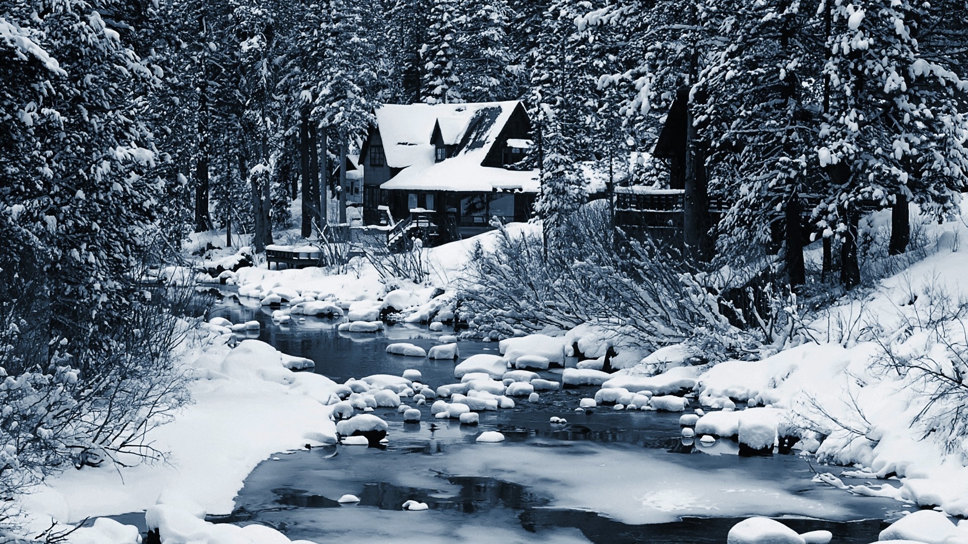 nature, Landscapes, Winter, Snow, Seasons, Rivers, Stream, Rocks, Trees, Forest, Architecture, Buildings, House, White, Contrast Wallpaper HD / Desktop and Mobile Background