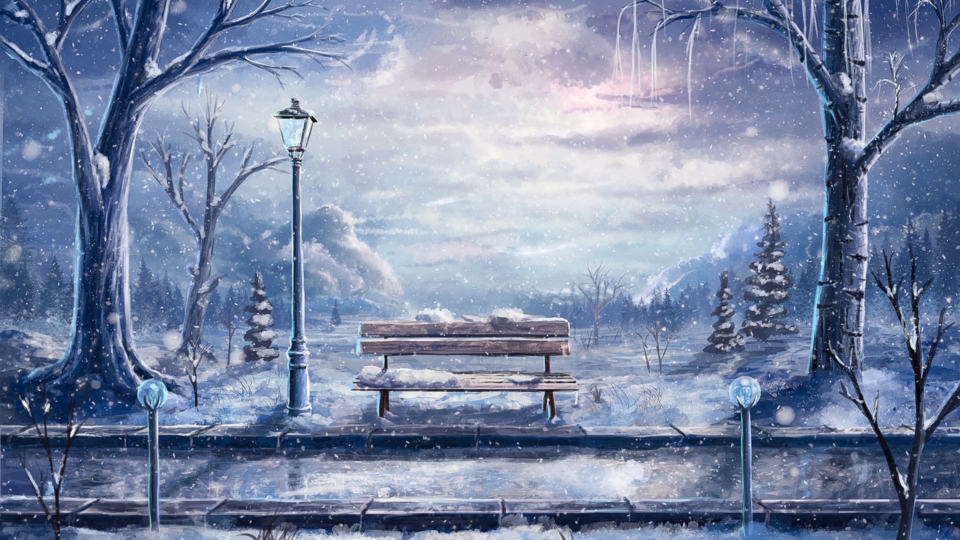Wallpaper Art painting, winter, snow, bench, lantern, trees 1920x1200 HD Picture, Image