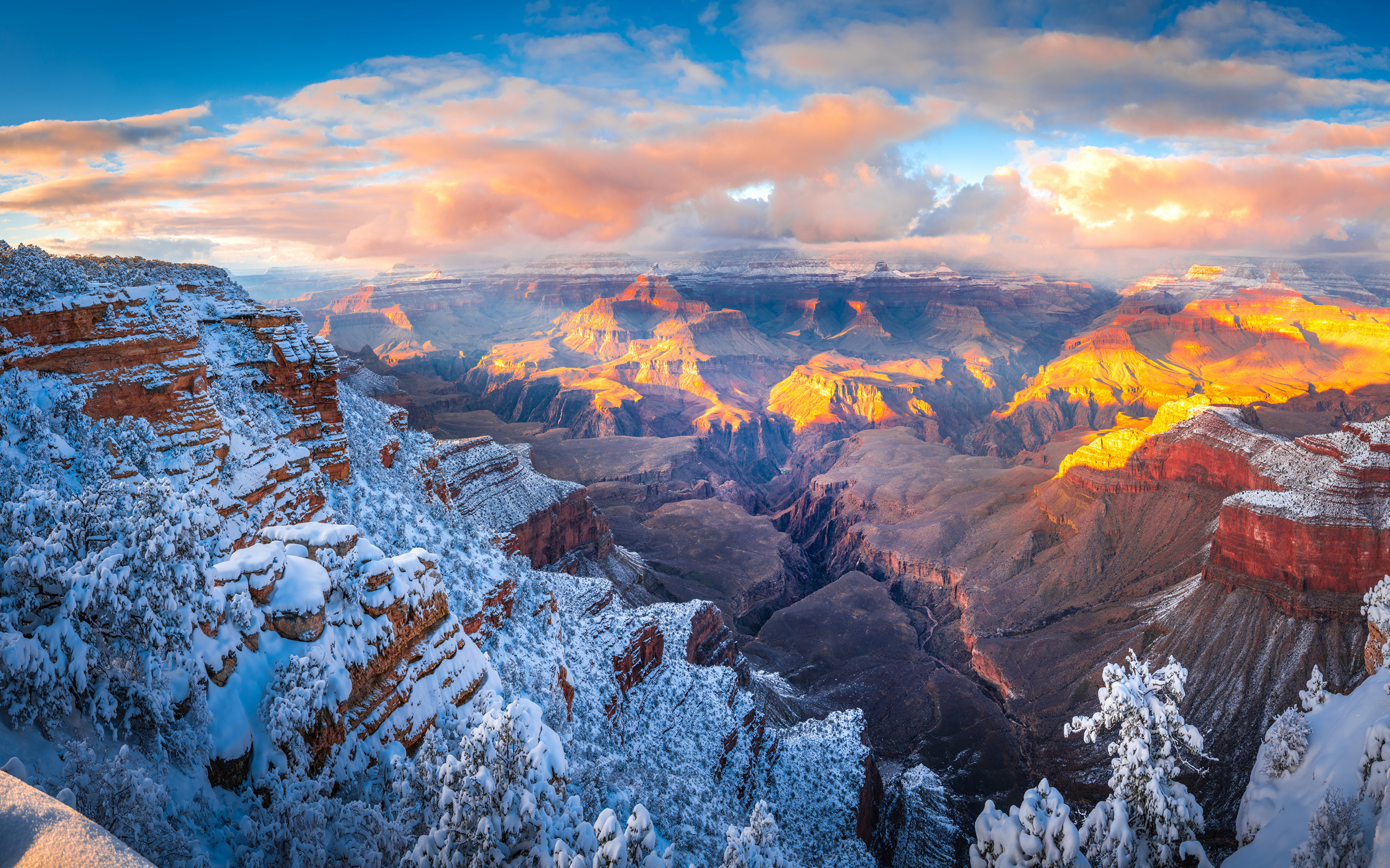 Download wallpaper 4k, Grand Canyon, winter, rocks, Arizona, beautiful nature, USA, America, canyon, american landmarks for desktop with resolution 3840x2400. High Quality HD picture wallpaper