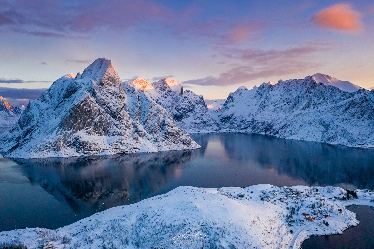 Desktop Wallpaper Lofoten Norway Nature Winter mountain Snow Bay