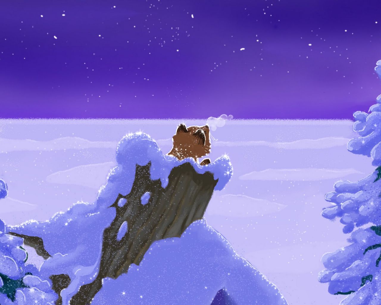 Download wallpaper 1280x1024 fox, stump, snow, winter, art standard 5:4 HD background