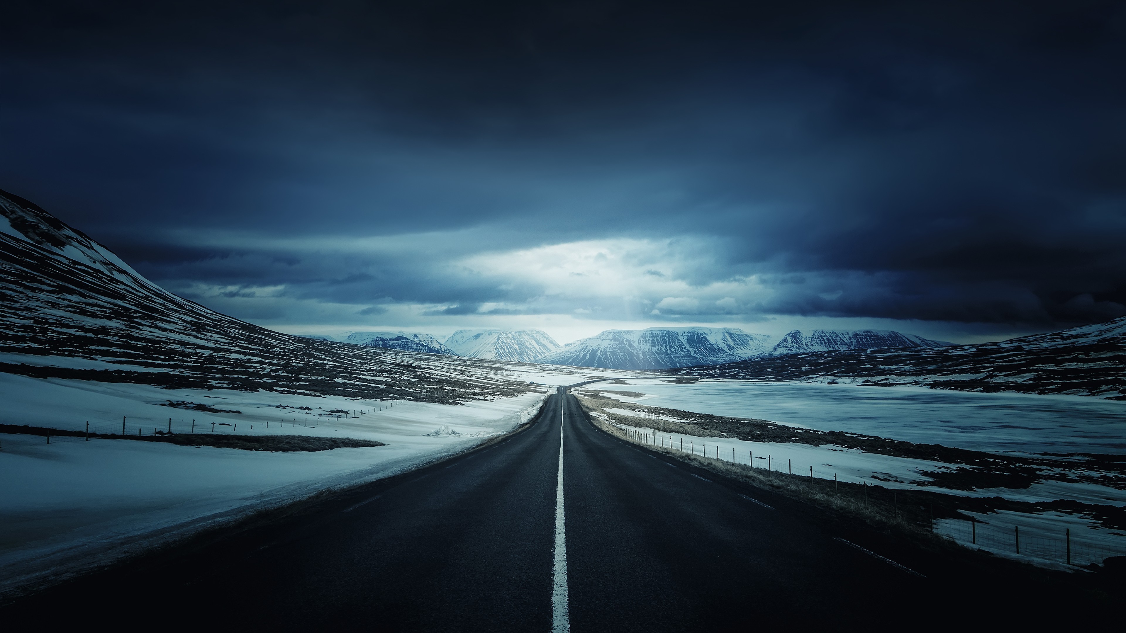 Wallpapers : landscape, nature, sky, snow, winter, road, ice, evening, morning, horizon, Arctic, highway, dusk, Freezing, infrastructure, cloud, tree, dawn, darkness, highland, 3840x2160 px, computer wallpaper, atmosphere of earth, mountain range, glacial