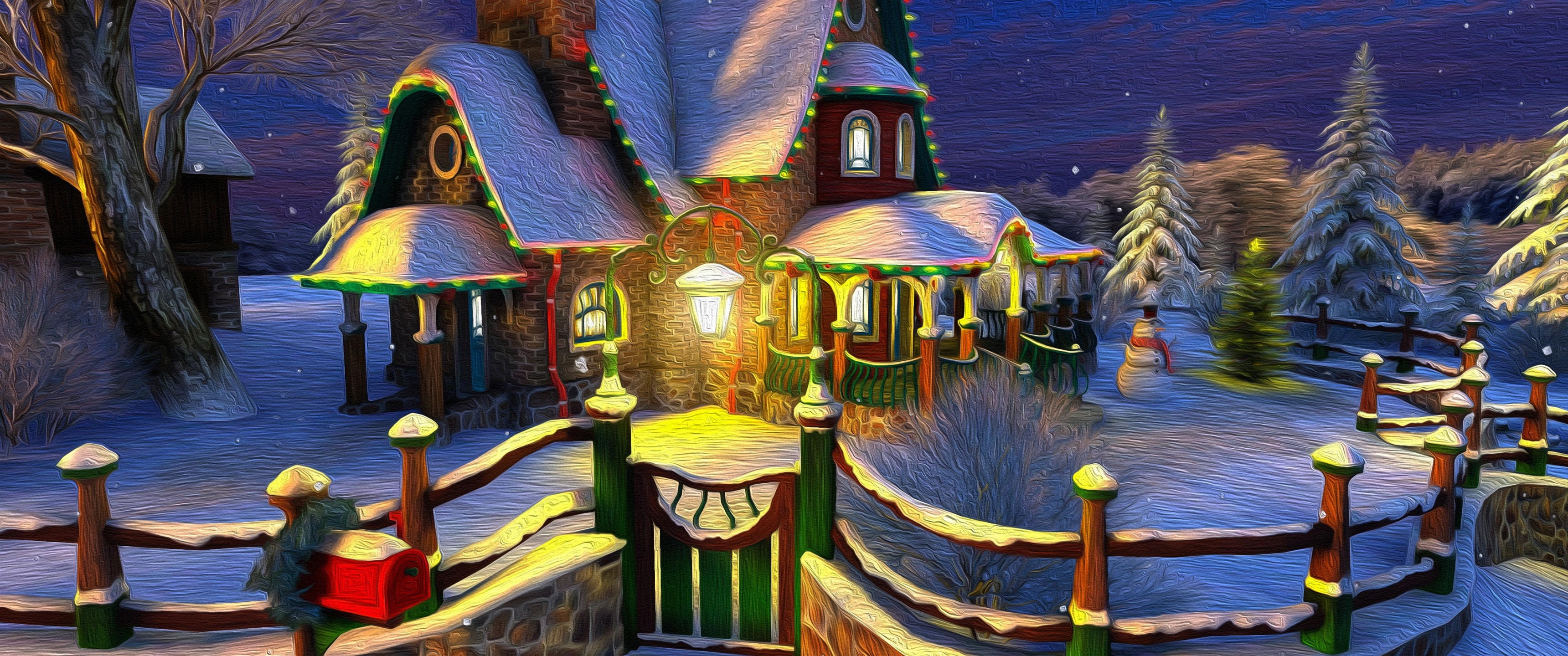 Download 3440x1440 Cozy House, Christmas Door, Fence, Snow, Winter Wallpaper