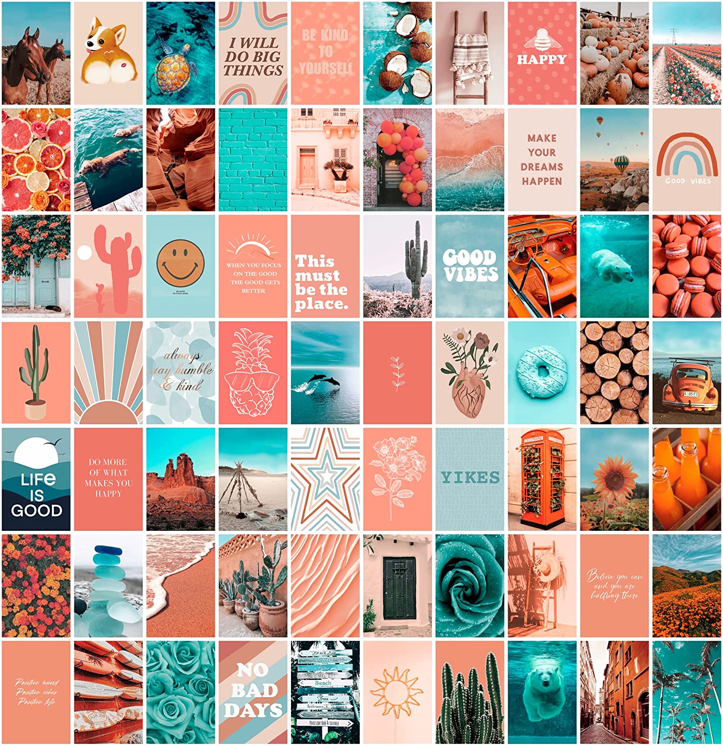 ANERZA Peach Teal Wall Collage Kit Aesthetic Picture, Aesthetic Room Decor for Teen Girls, Cute Dorm Photo Wall Decor, Vsco Trendy Bedroom Posters, Boho Wall Art, Christmas Gifts (70 pcs): Posters