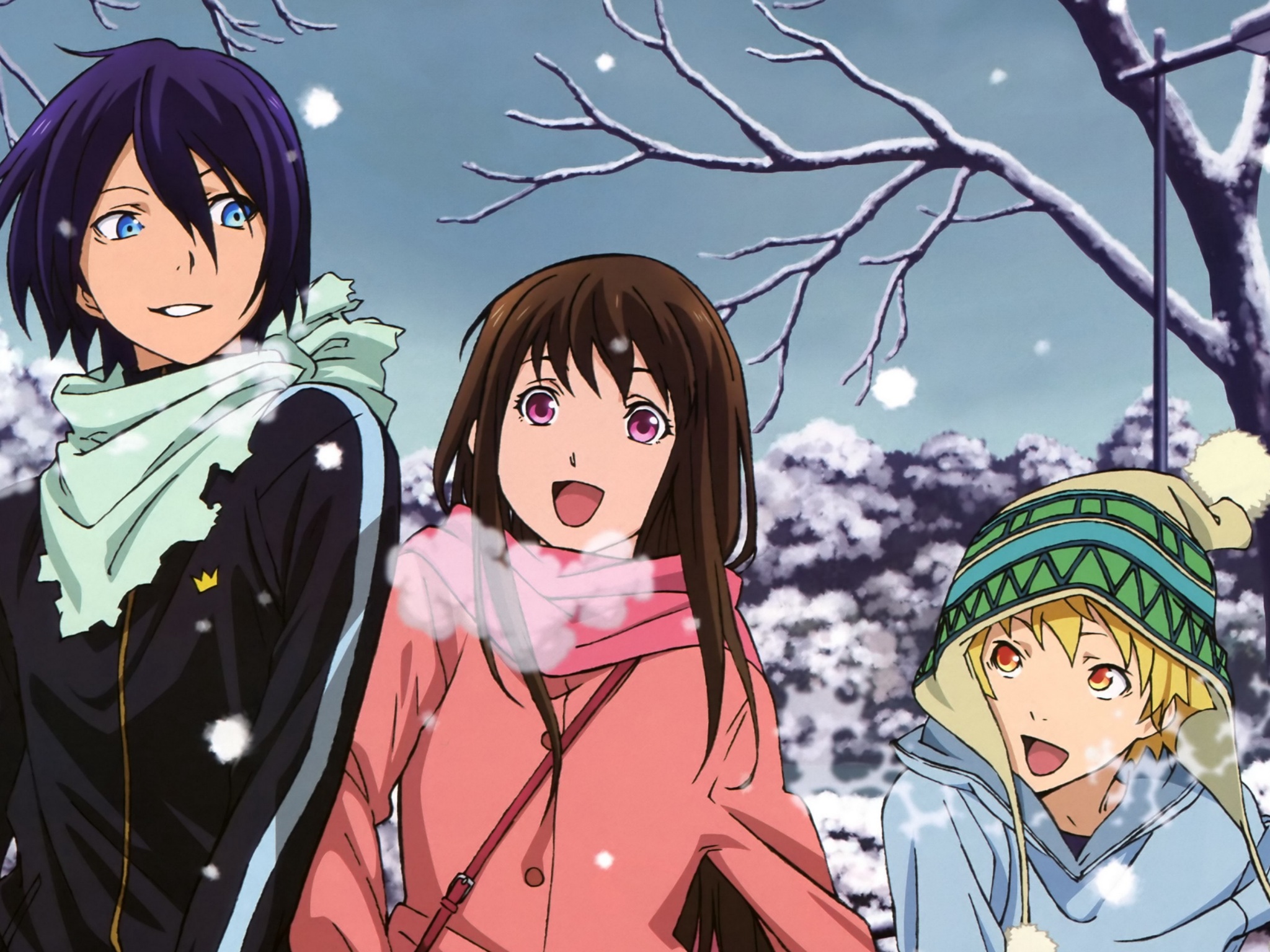 Wallpaper 4k noragami, yato, yukine, iki hiyori, anime, children, winter 4k Wallpaper