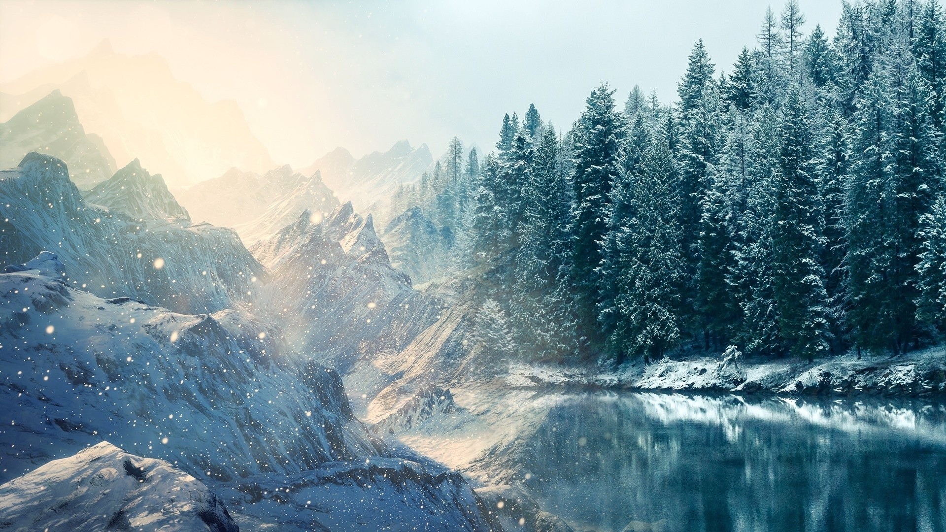 Manipulation cg digital art artistic rivers lakes water reflection cold shore trees forest winter snow seasons snowing wind flakes drops sparkle wallpaperx1080