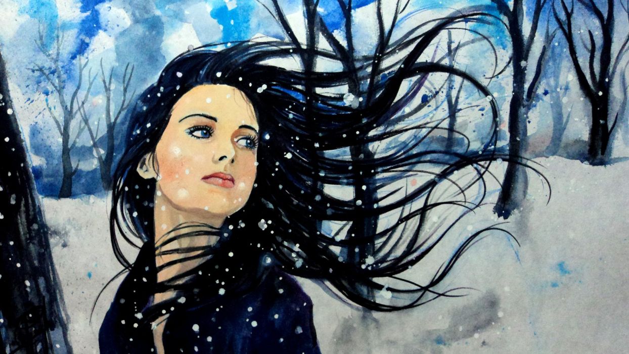Painting Art Girl Snow Winter Tree Blue Eyes Wallpaper Girl Hair Painting HD Wallpaper