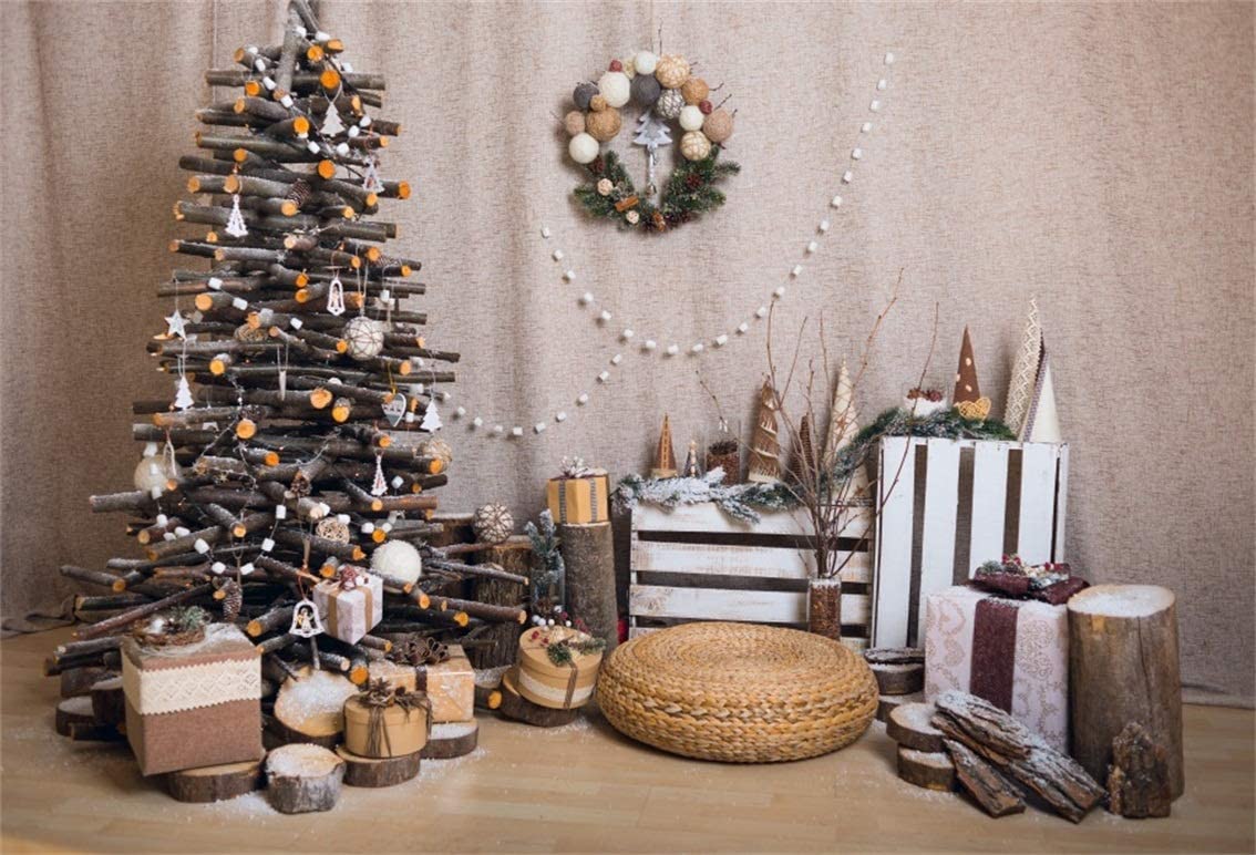 Amazon.com, CSFOTO 6x4ft Background for Wooden Sticks Composition Christmas Tree Rustic Decoration Inside Photography Backdrop Garland On Grunge Wall Rural Celebration Photo Studio Props Polyester Wallpaper