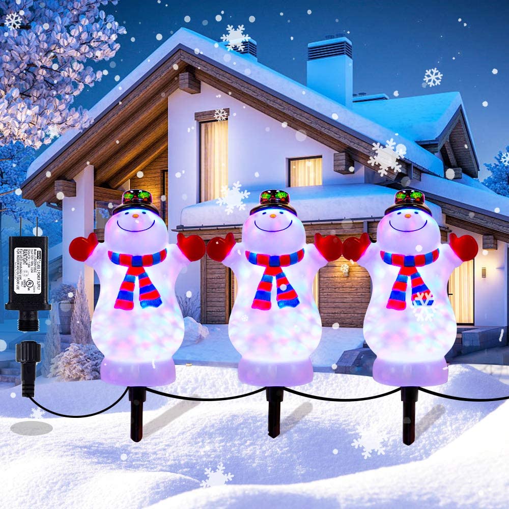Christmas Pathway Lights Outdoor Decoration, Snowman Landscape Path Lights, HueLiv 3 PCS LED Snowman Pathway Lights, Waterproof Pathway Stake Lights for Garden, Patio, Yard, Lawn Plug in Lighted Decor, Patio