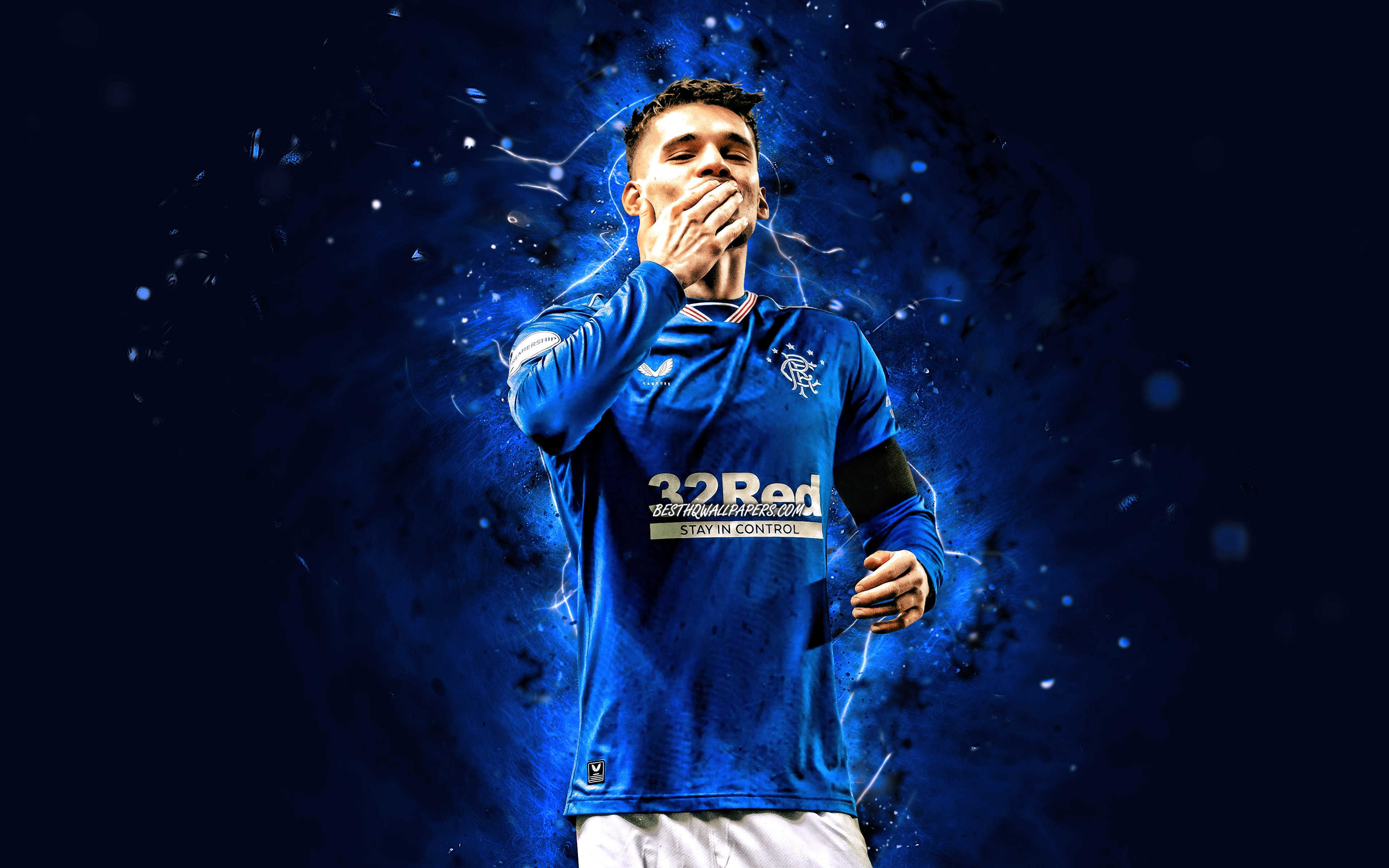 Download wallpapers Ianis Hagi, 4k, blue neon lights, Rangers FC, romanian footballers, soccer, Ianis Hagi 4K, Ianis Hagi Rangers for desktop with resolution 3840x2400. High Quality HD pictures wallpapers