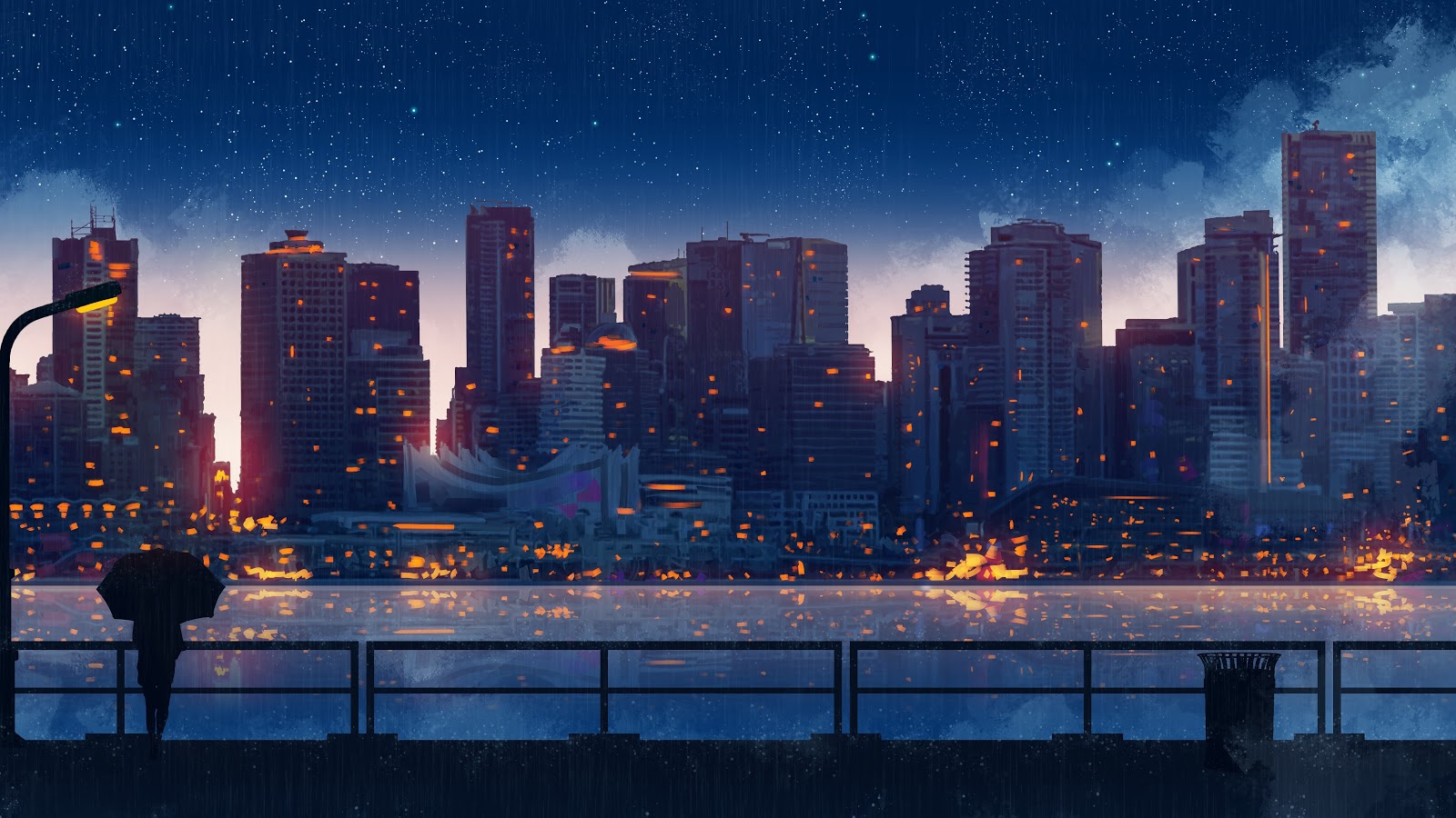 Anime Scenery City Buildings Silhouette 8K Wallpaper