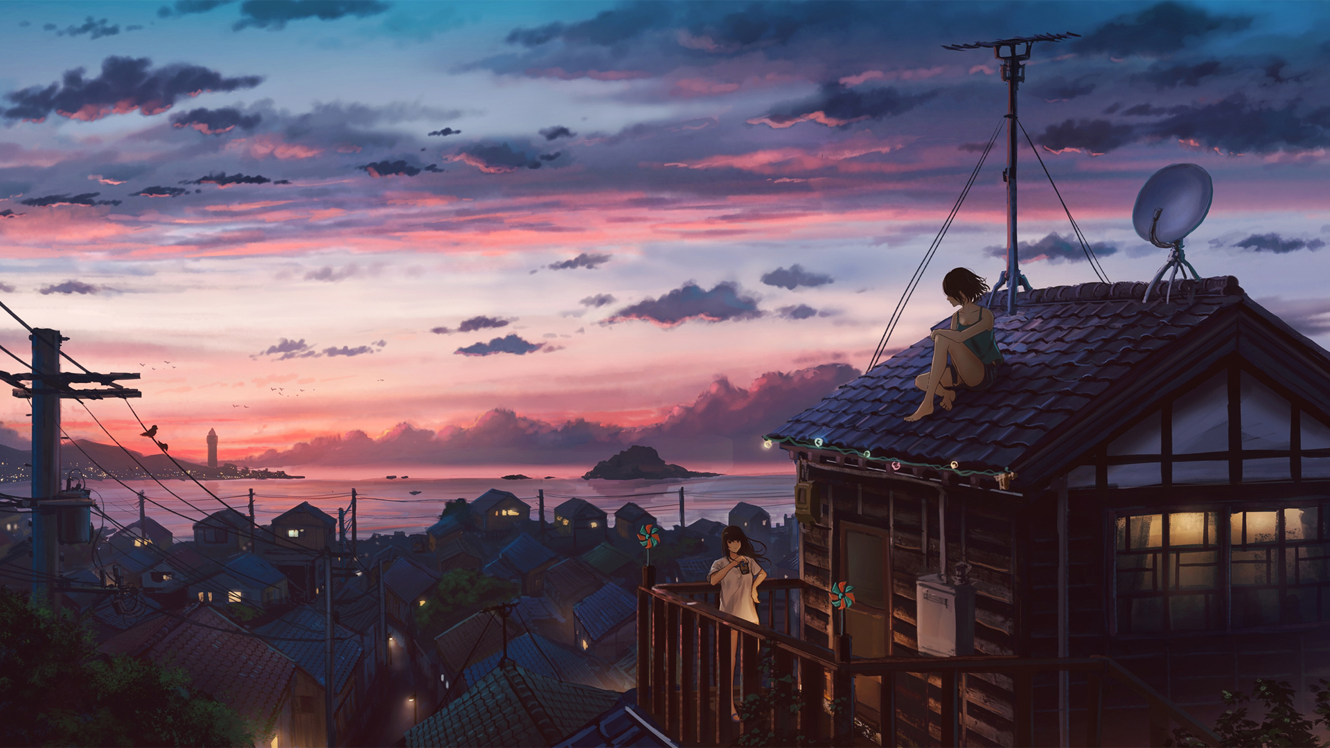 Seaside town girl sitting on the roof beautiful anime scenery wallpaper