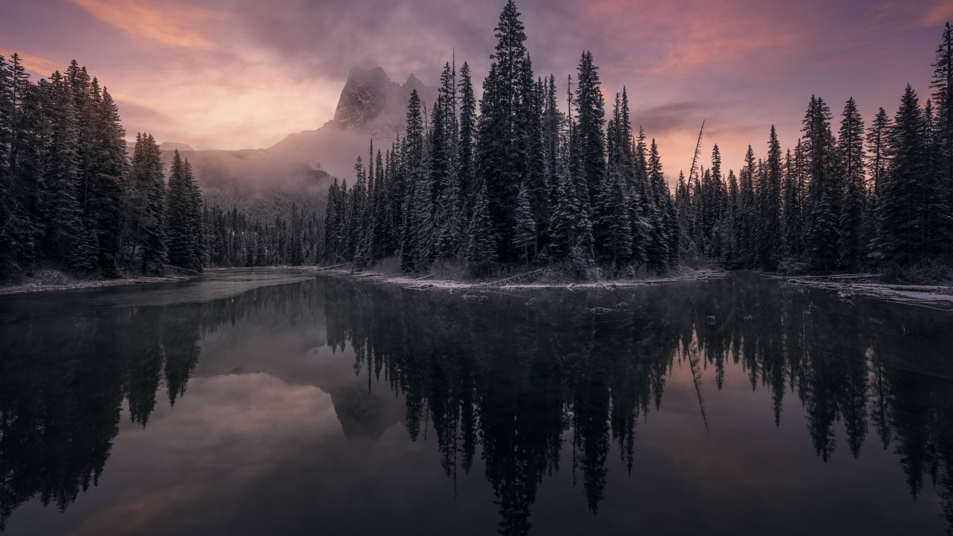 Download Lake, forest, winter, trees, evening wallpaper, 1366x Tablet, laptop