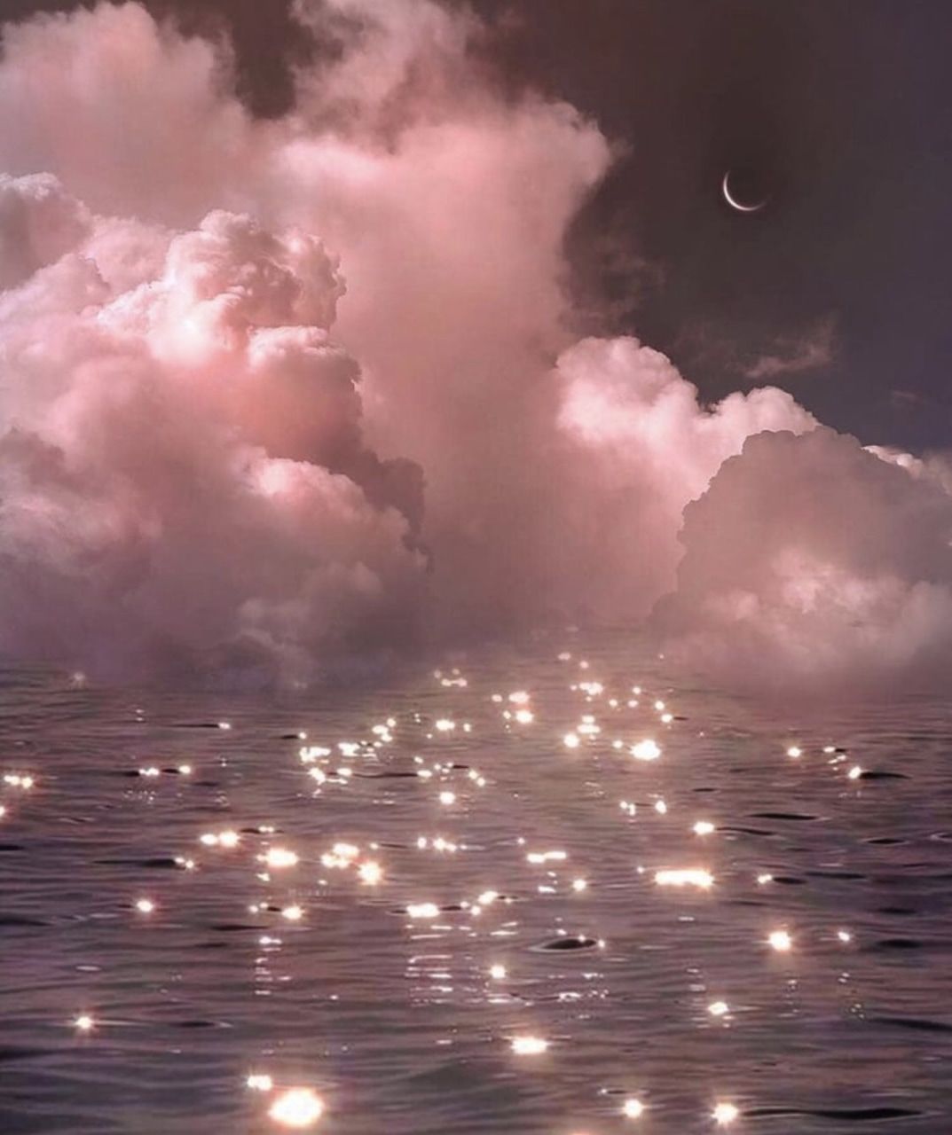 pink #aesthetic #glitter #night #clouds #moon #ocean. Night sky wallpaper, Sky aesthetic, Aesthetic background