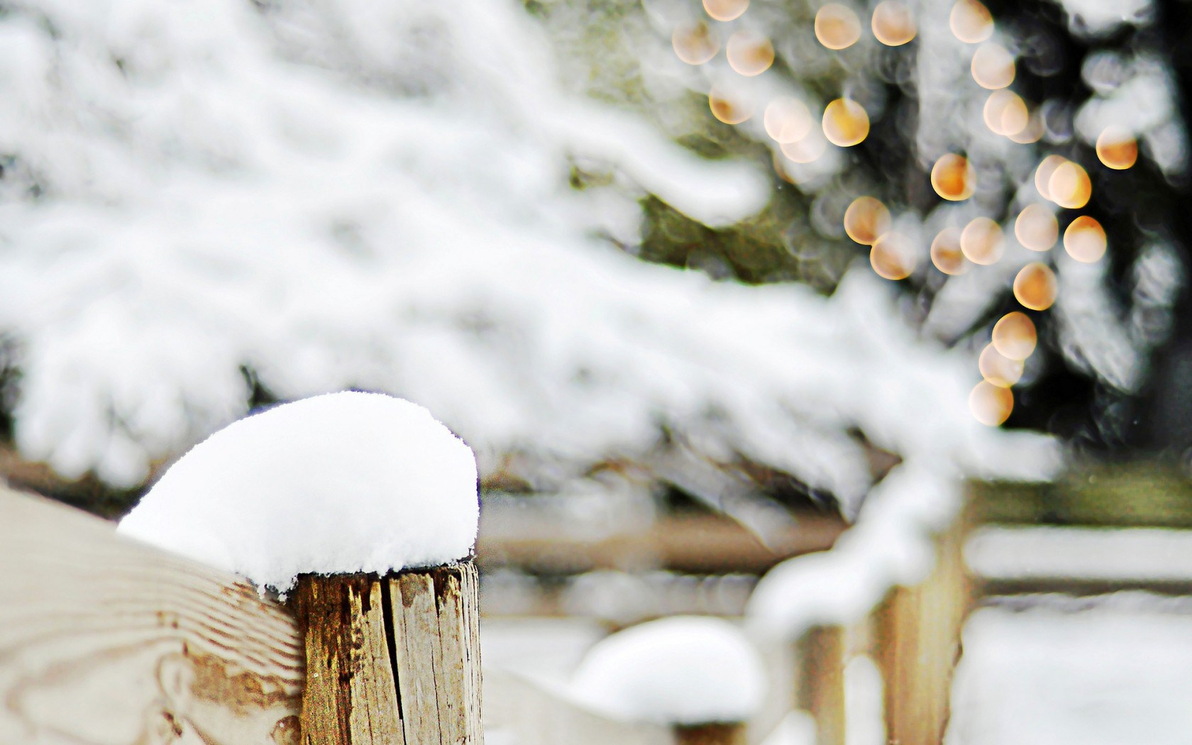 Fence Wood Snow Trees Branches Winter Bokeh Lights Christmas wallpaperx1050