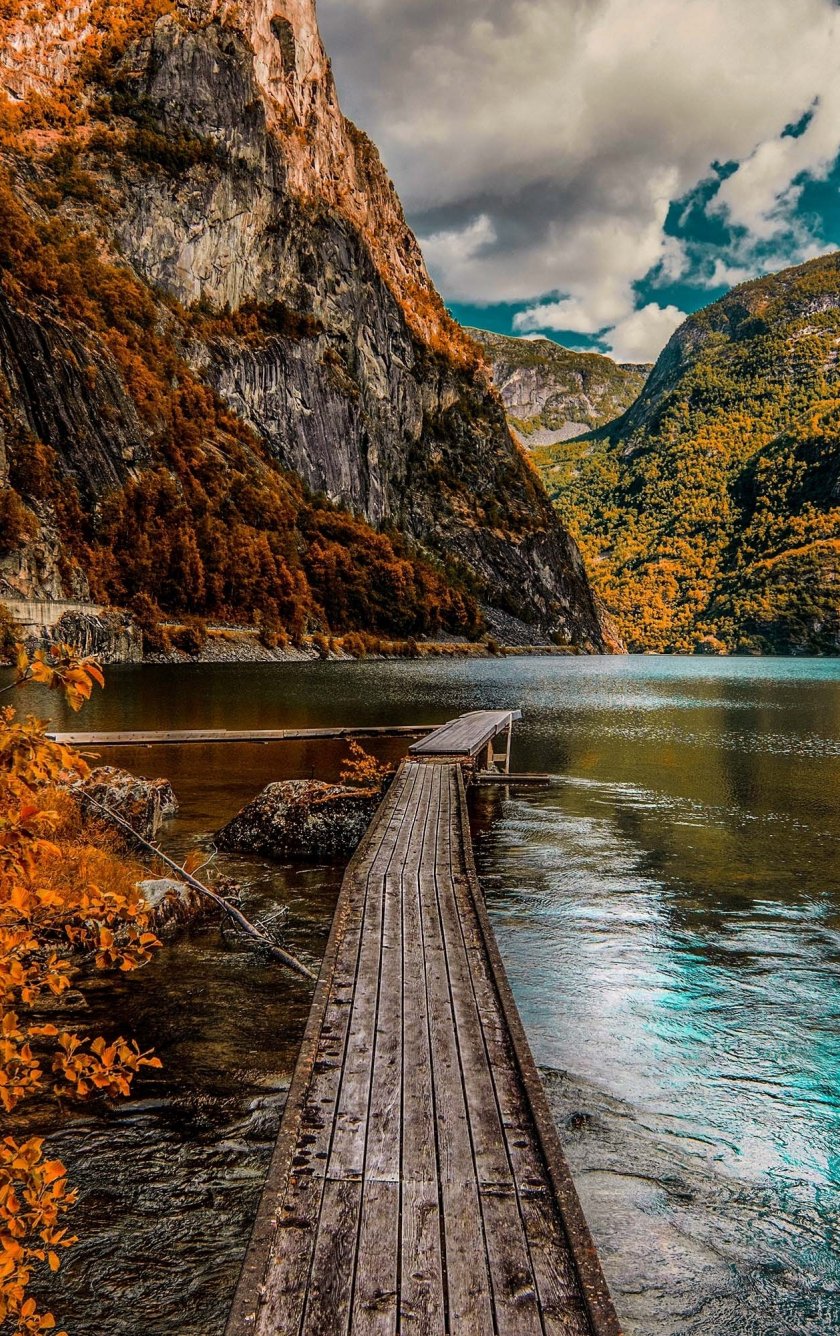 Download 840x1336 wallpapers autumn, wooden dock, lake, forest, iphone 5, iphone 5s, iphone 5c, ipod touch, 840x1336 hd image, background, 19121
