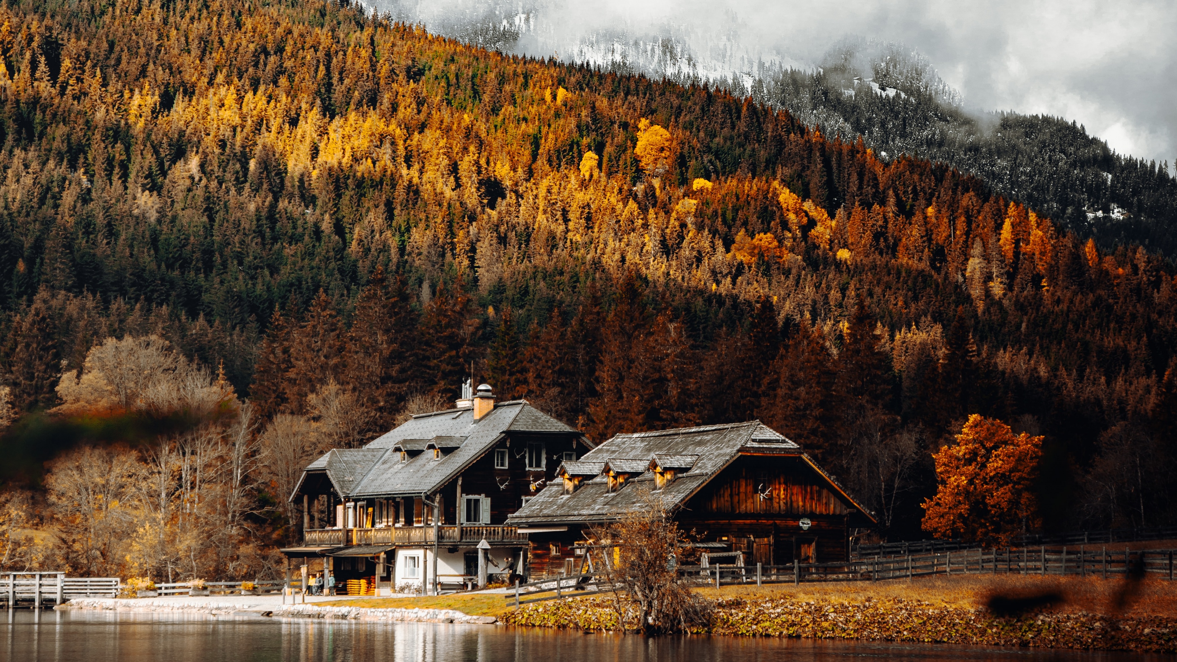 Wooden House Wallpapers 4K, Lakeside, Autumn trees, Countryside, Mountain, Nature,