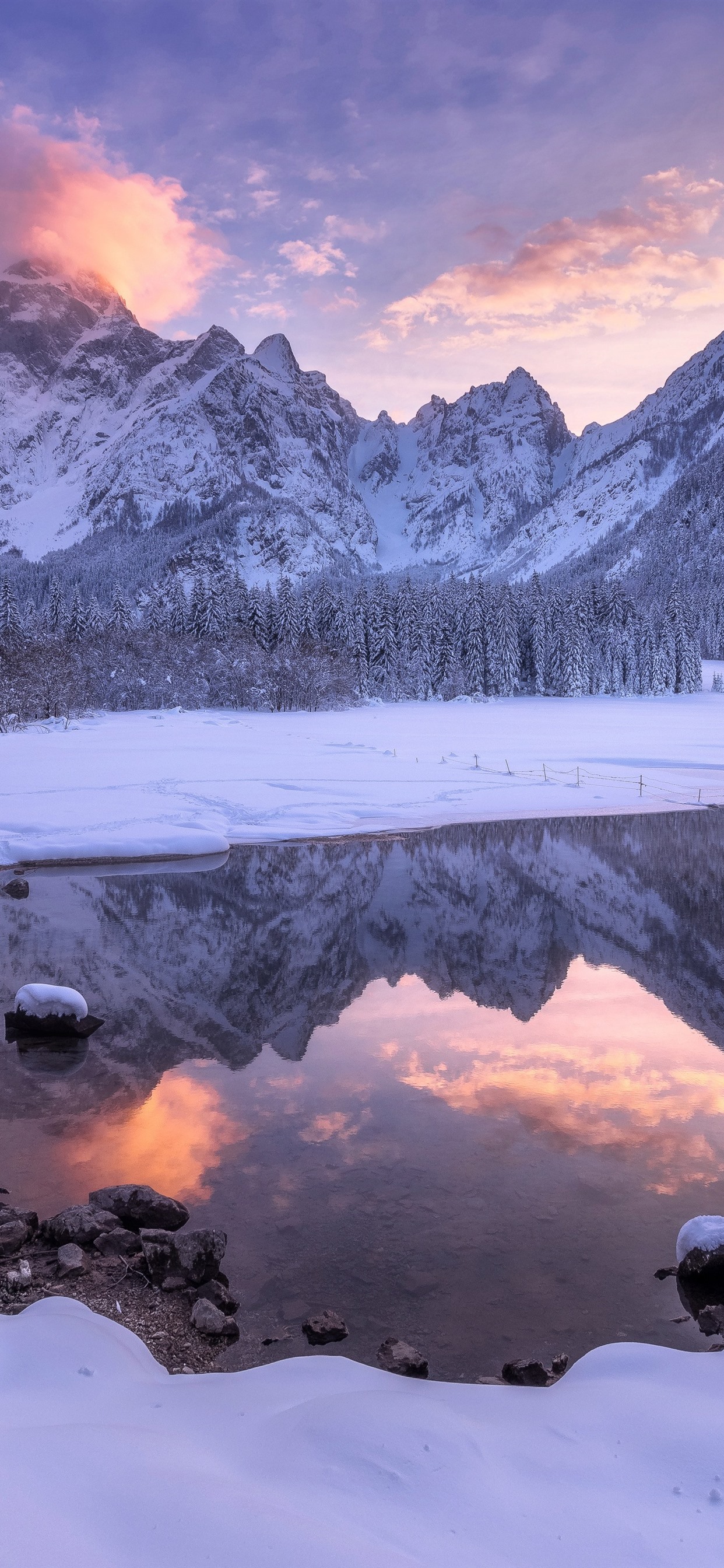 Wallpaper Beautiful winter nature landscape, snow, lake, mountains, dusk 5120x2880 UHD 5K Picture, Image