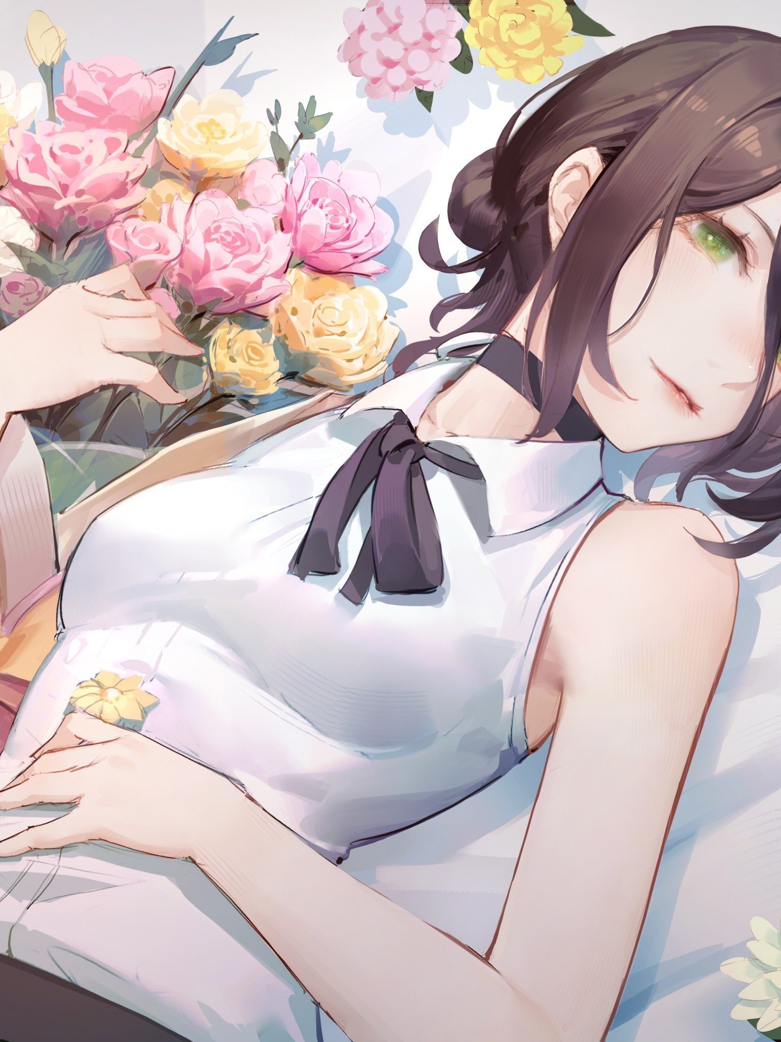 Download 1536x2048 Reze, Chainsaw Man, Lying Down, Pretty Anime Girl, Flower Bouquet, Green Eyes Wallpaper for Apple iPad Mini, Apple IPad 3, 4