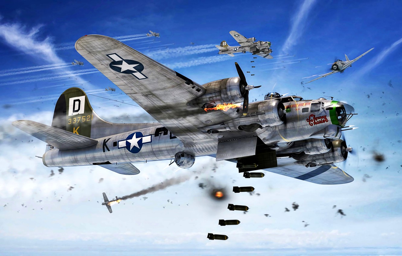 Wallpaper Attack, B 17G, The Second World War, Luftwaffe, Vapor Trail, Fw.190A, Bombs, War In The Air, Strategic Bombing Of Germany Image For Desktop, Section авиация