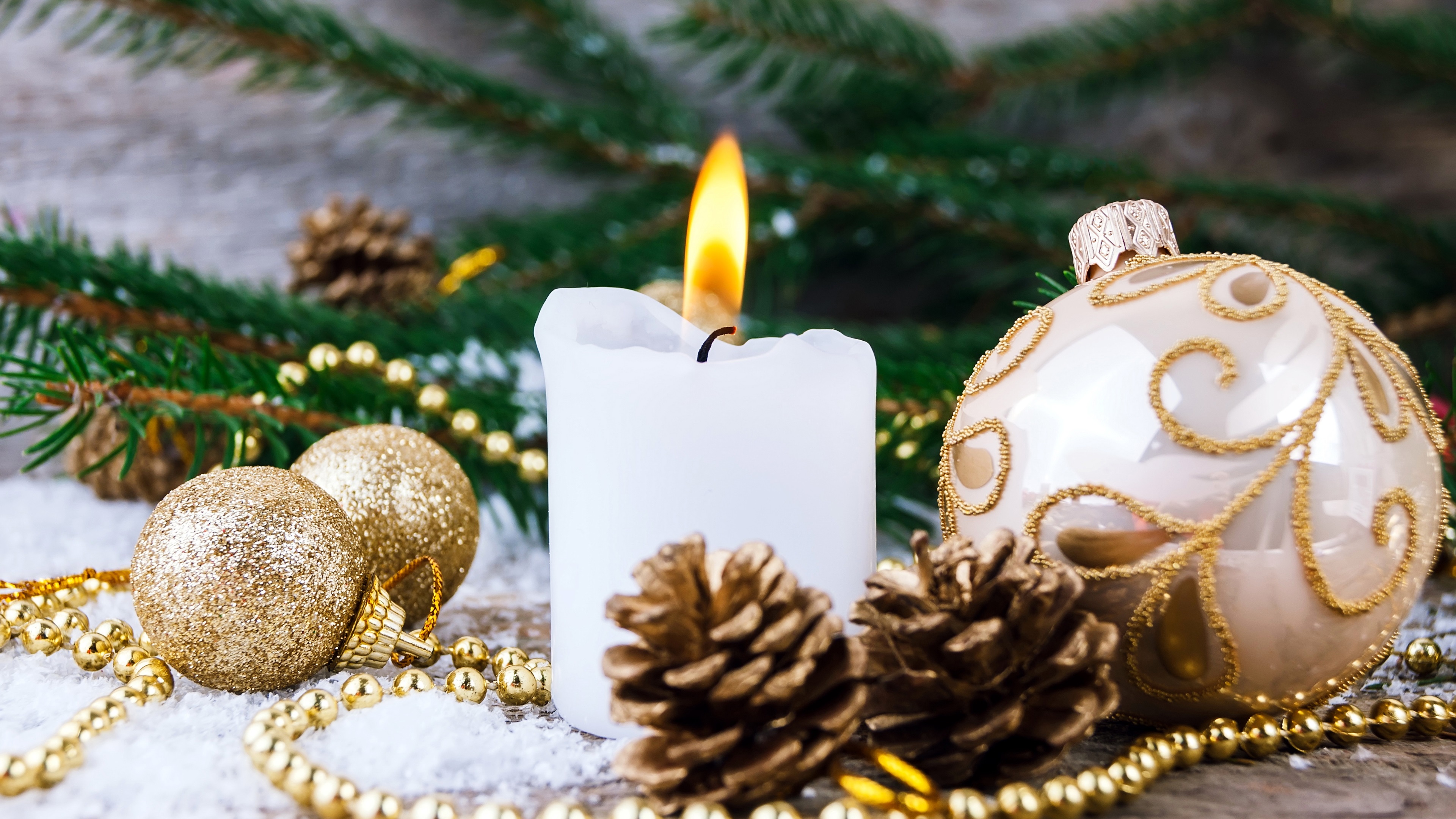 Wallpaper White candle, flame, Christmas balls 3840x2160 UHD 4K Picture, Image