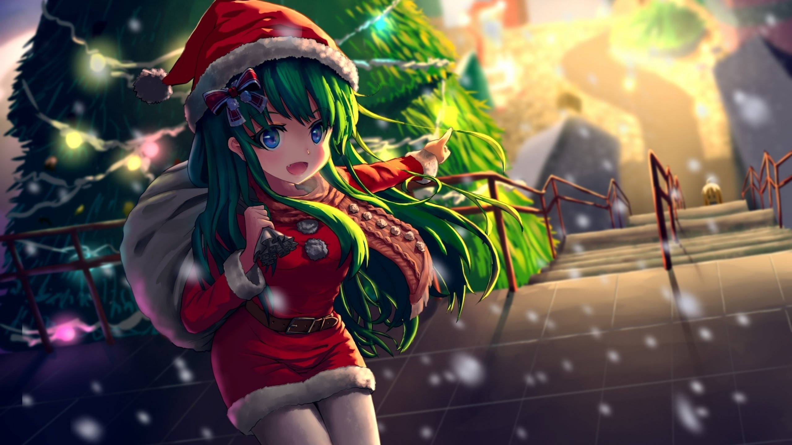 Download 2560x1440 Anime Girl, Christmas, Santa Costume, Fang, Smiling, Snow Wallpaper for iMac 27 inch