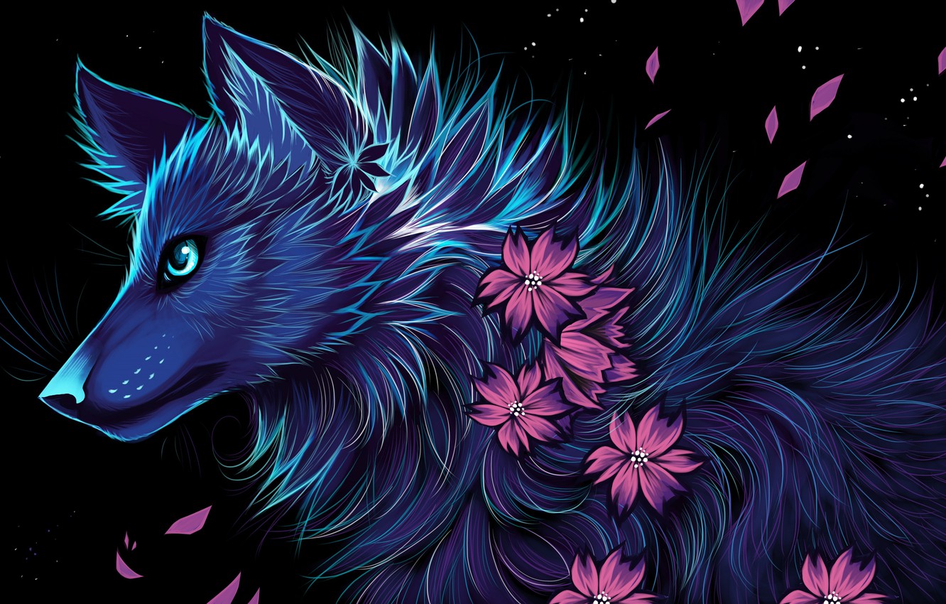 Wallpaper flowers, night, wolf, myarukawolf, by myarukawolf image for desktop, section арт