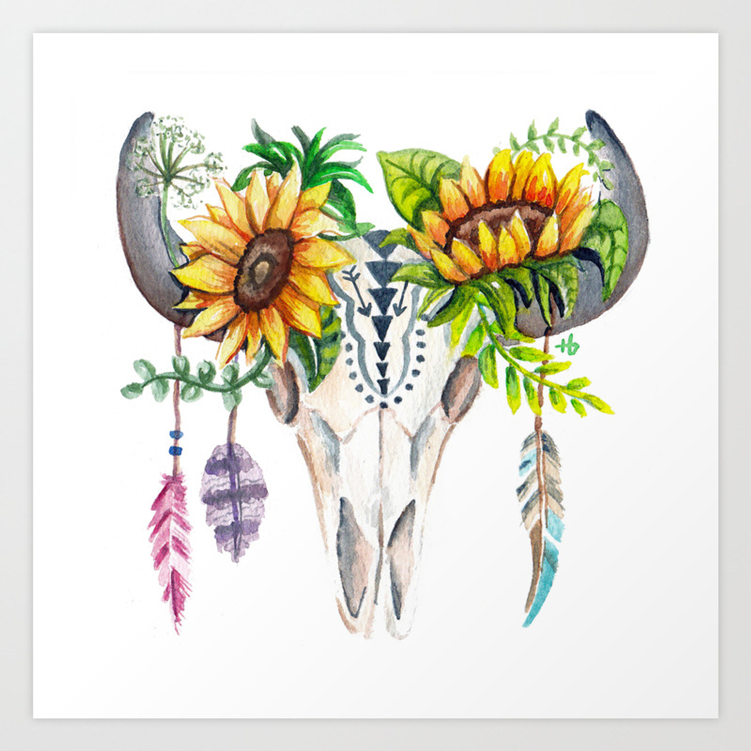 Sunflower Boho Skull Art Print
