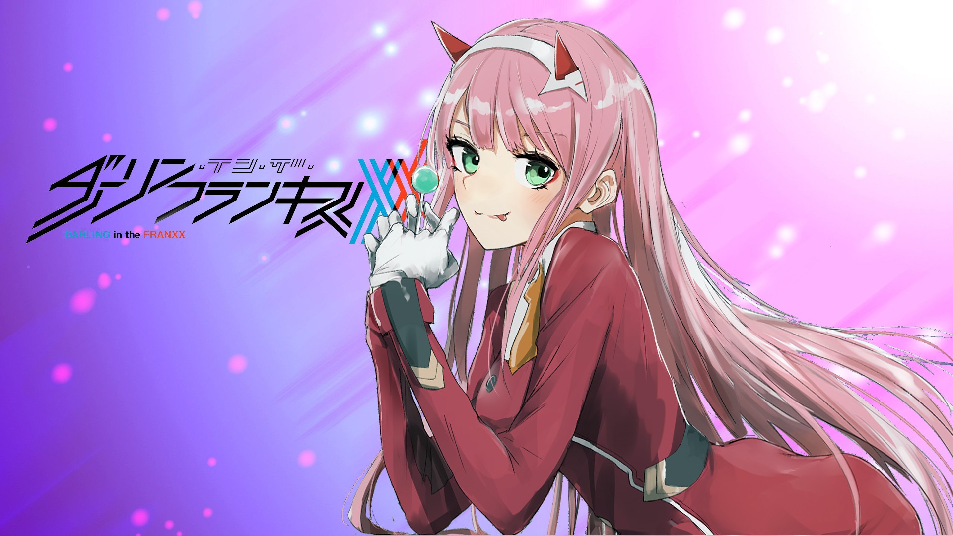 Darling In The FranXX Zero Two Hiro Zero Two With Green Lollypop With Pink And Purple Background With Glitterns On Light HD Anime Wallpaper