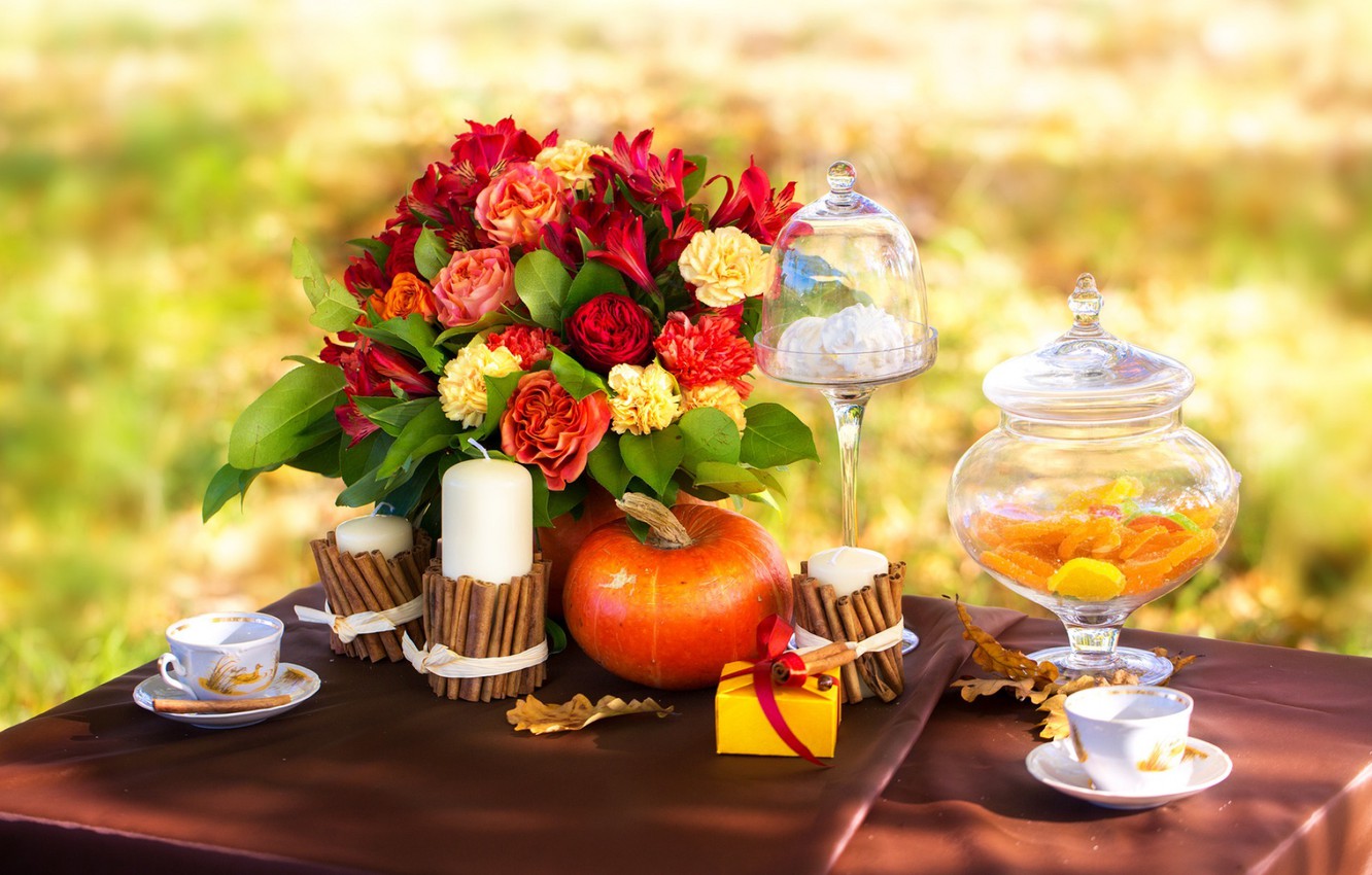 Wallpaper autumn, leaves, flowers, coffee, roses, candles, picnic image for desktop, section разное