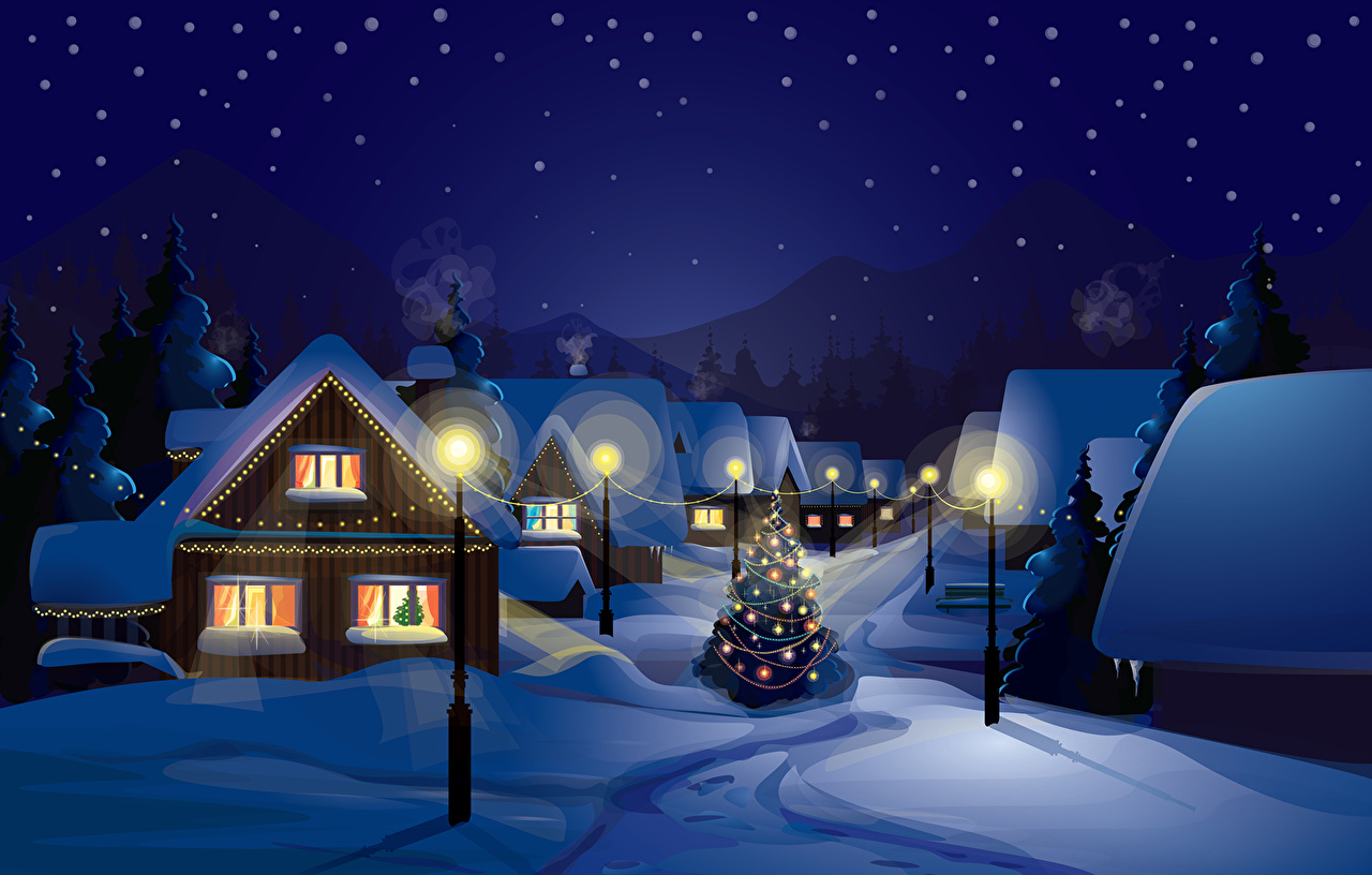 Photos Christmas Snow night time Houses Holidays Vector Graphics