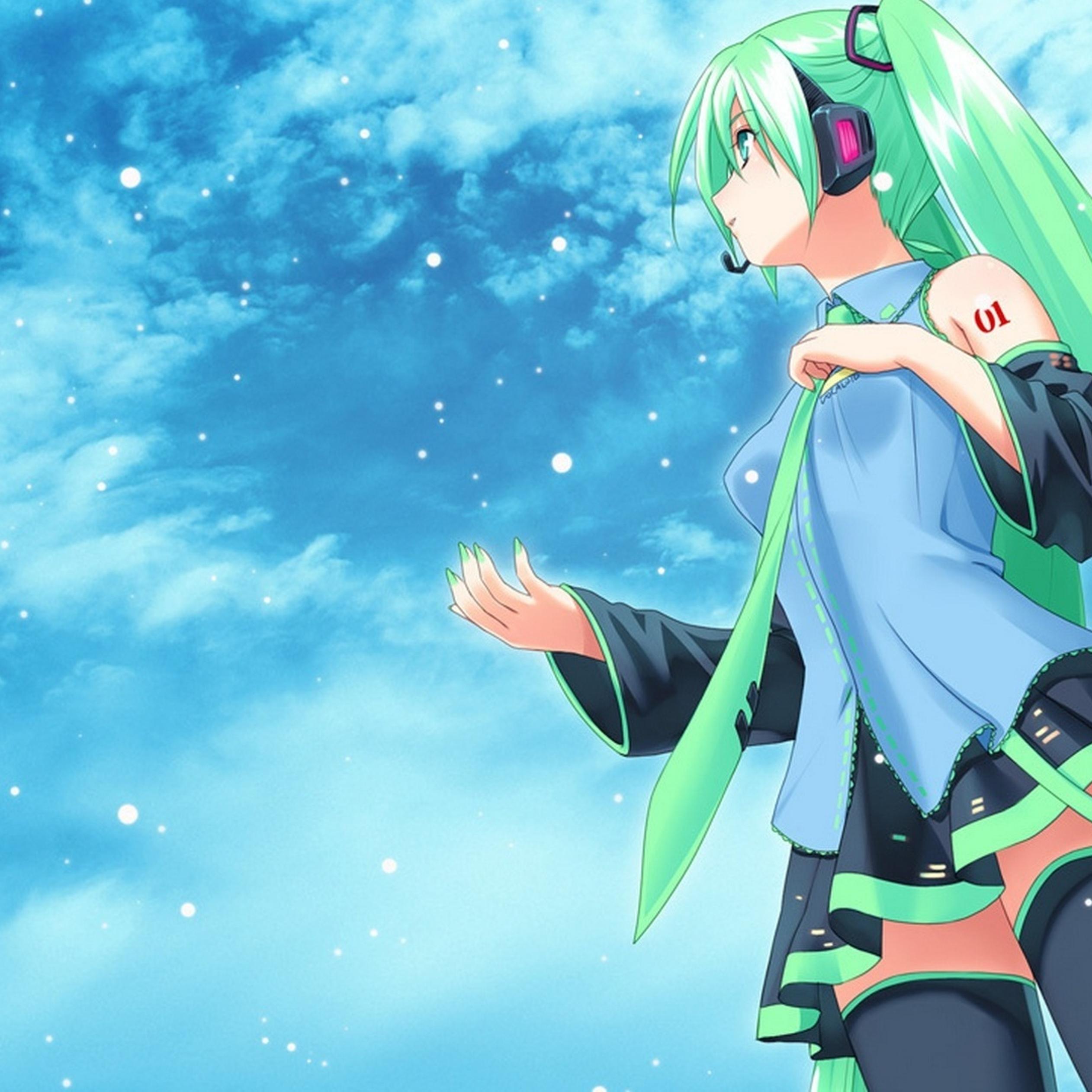 An anime girl with green hair and a blue sky