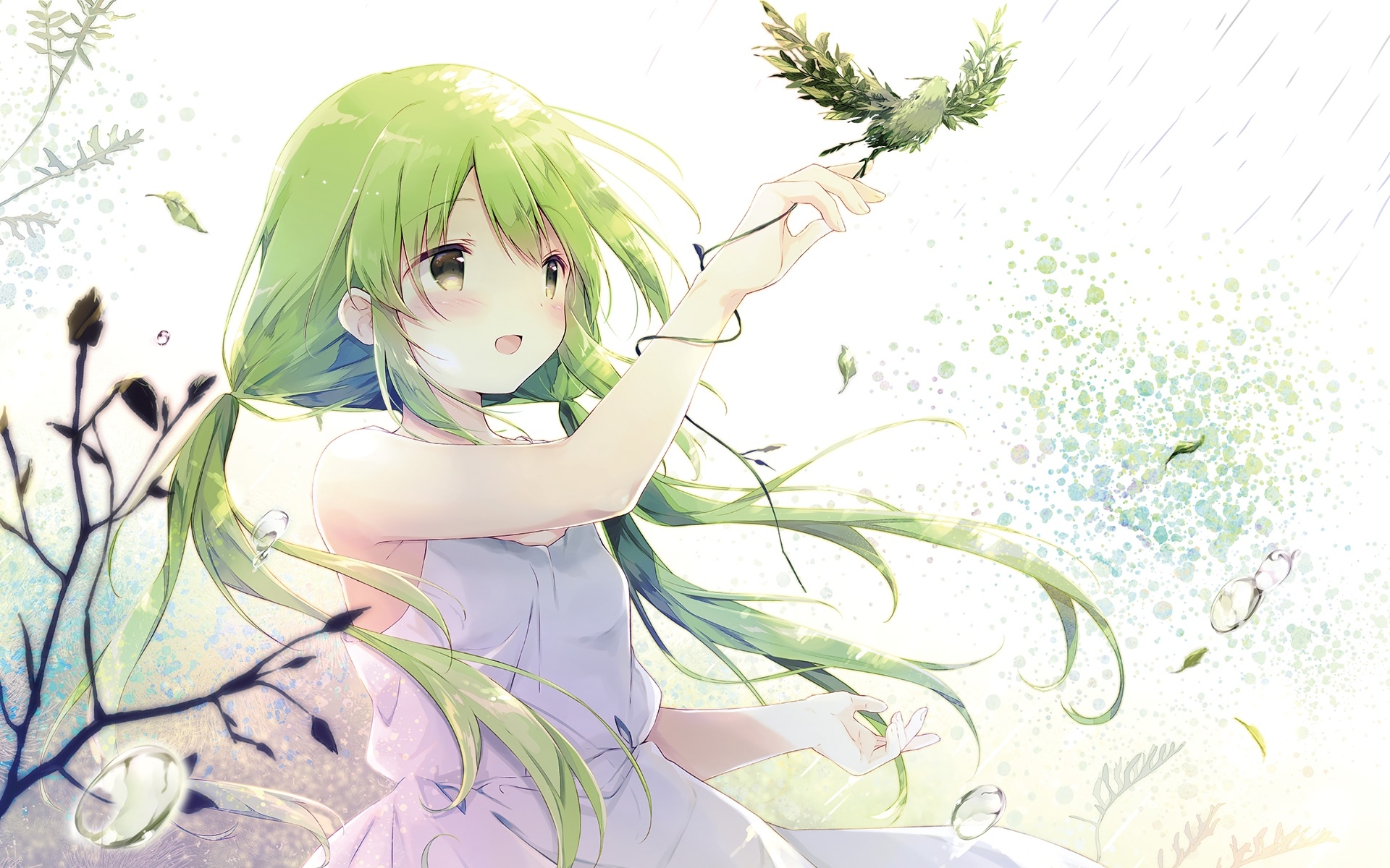 Download 1920x1200 Anime Girl, Green Hair, Smiling, White Dress, Summer Wallpaper for MacBook Pro 17 inch