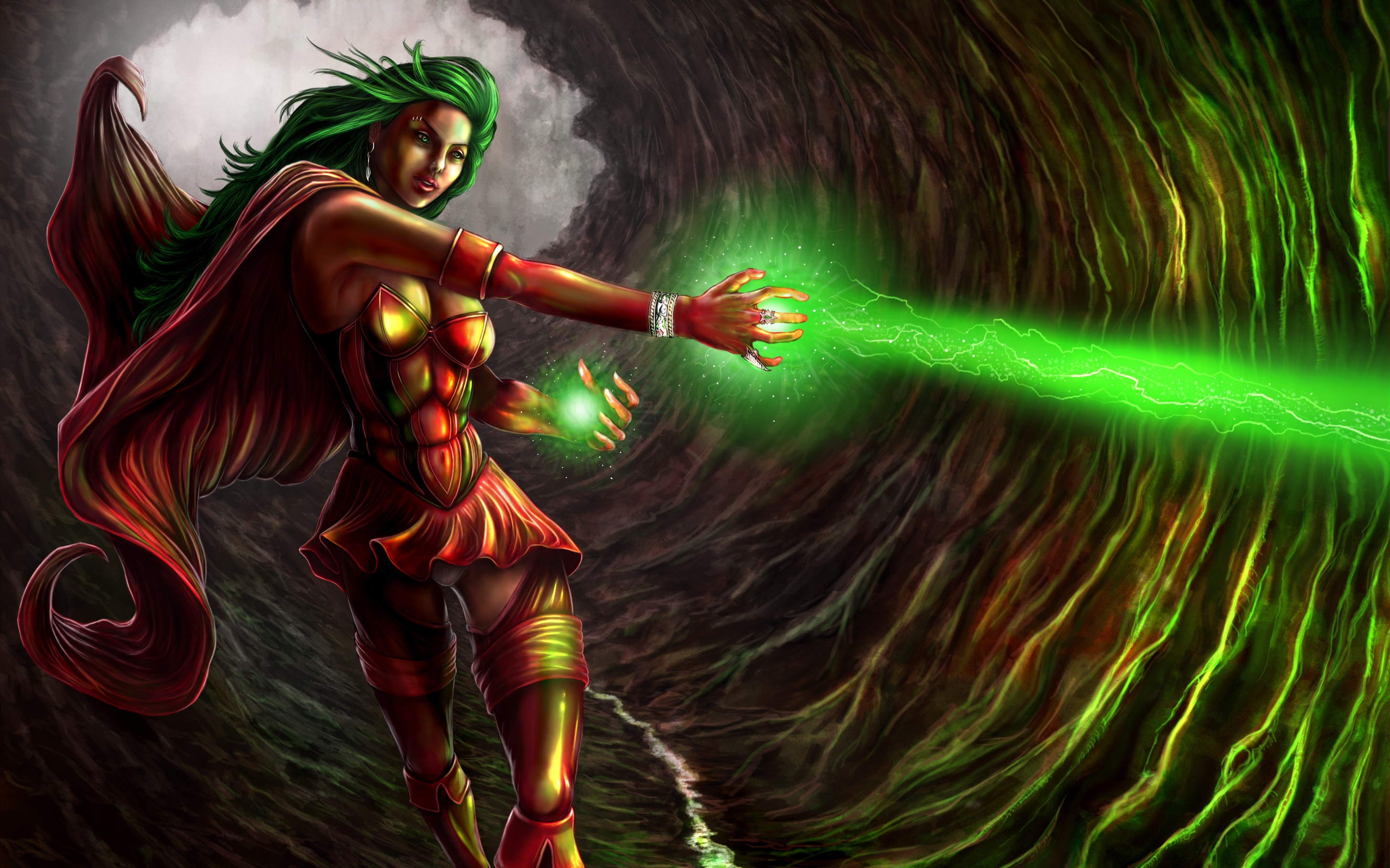 Girl With Green Hair Woman Warrior Green Magic Fantasy Wallpaper HD 2911x1819, Wallpaper13.com